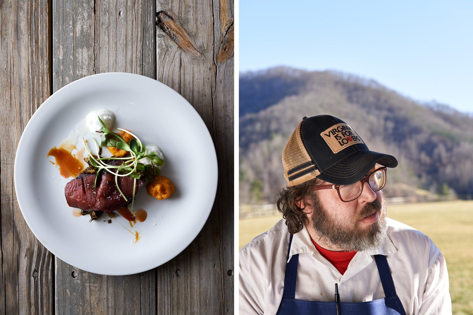 White Tail Venison with Sumac, Collard Leather Britches, White Tail Sack Sausage, Sweet Potato, Malted Sassafras, Mustard Greens & Black Birch Syrup by Travis Milton