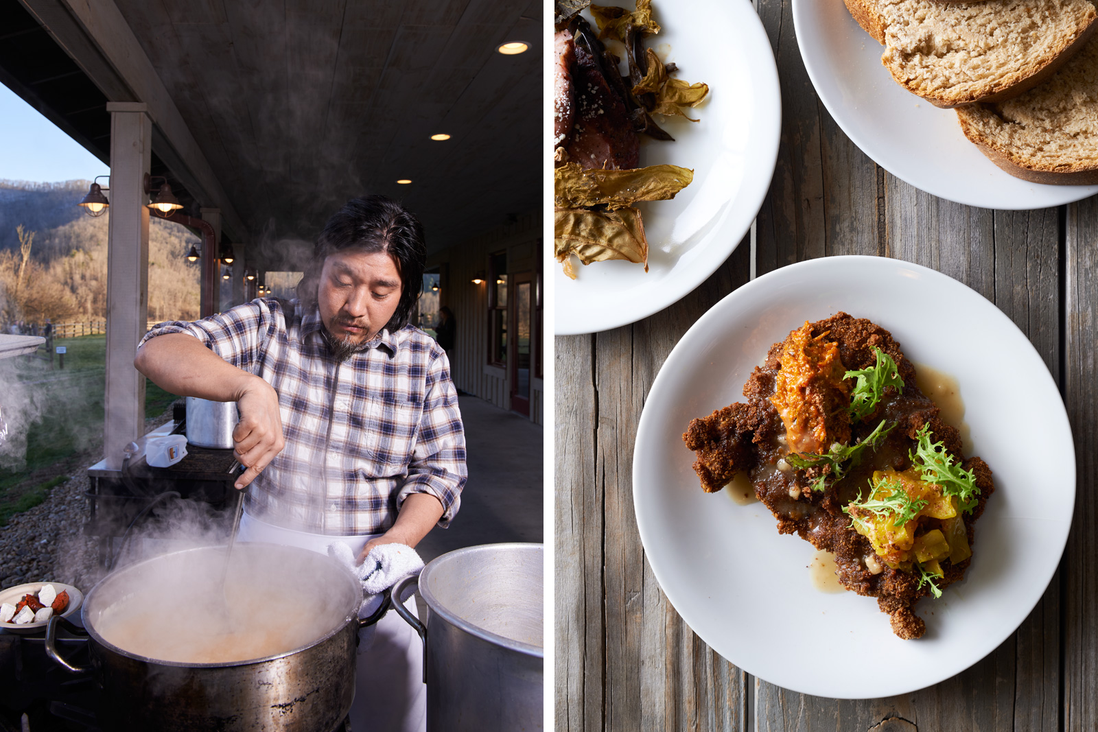Chef Edward Lee at work. Hickory Nut Gap Farms Pork Schnitzel with Kimchi Puree & Ham Salt Gravy by Edward Lee.