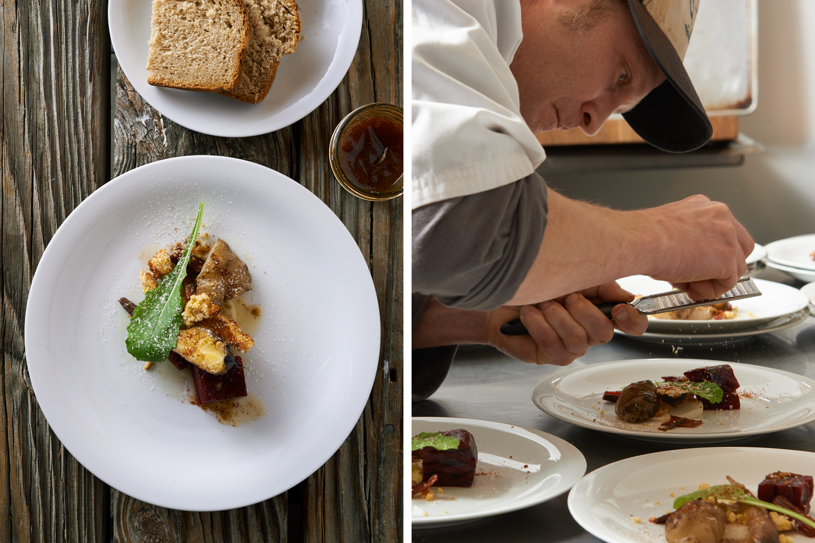 Chef Kyle Lee McNight puts the finishing touches on his Appalachian Root Vegetable dish with Hickory King Corn, Sorghum, Trout Salt, Local Chestnuts, Chard & Pecan oil