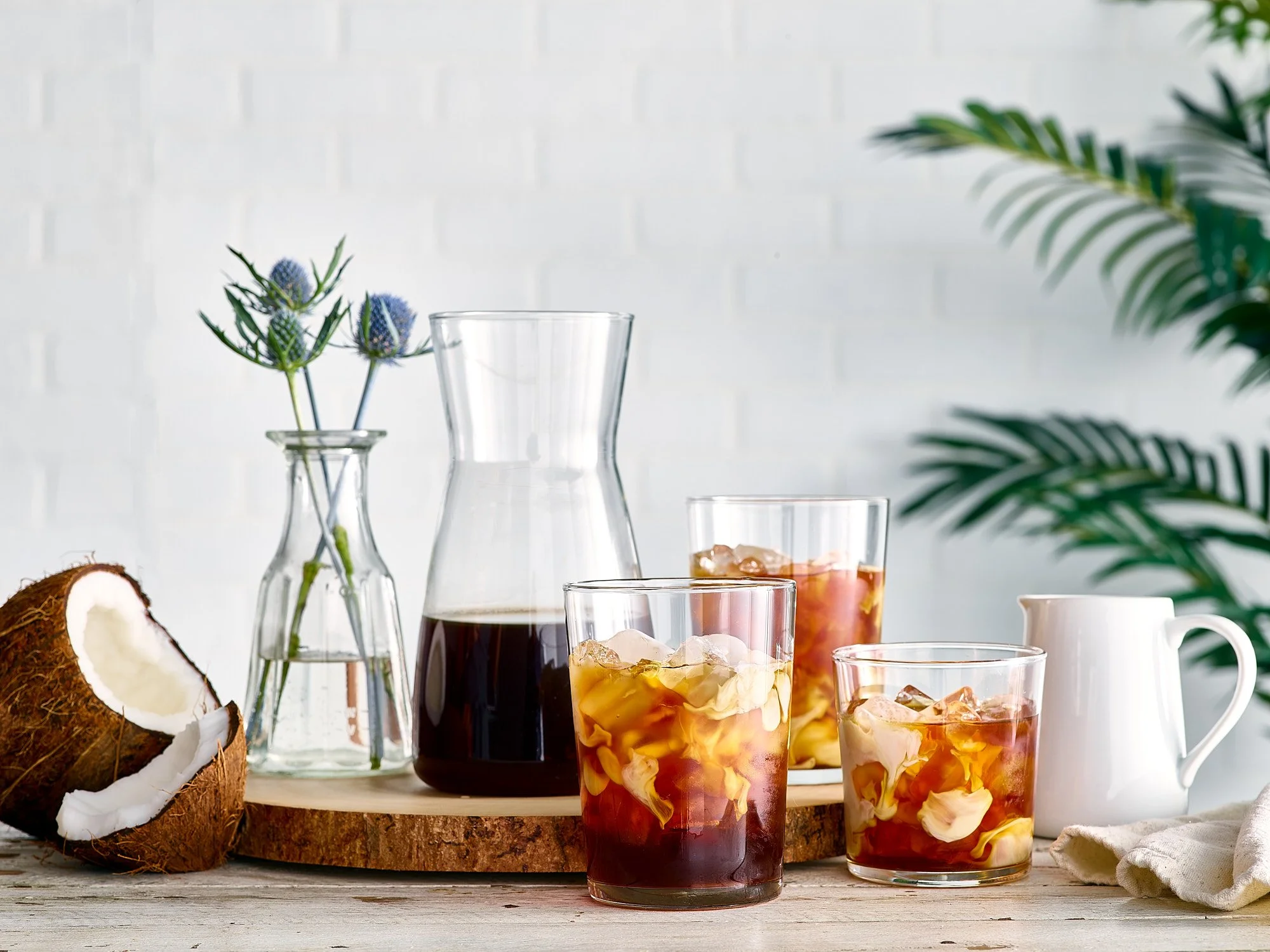 Beverage advertising photography by Dhanraj Emanuel — coconut iced tea styled with glass pitcher, iced glasses, and tropical foliage. Commercial drink photographer for beverage brands and editorial clients, available nationwide.