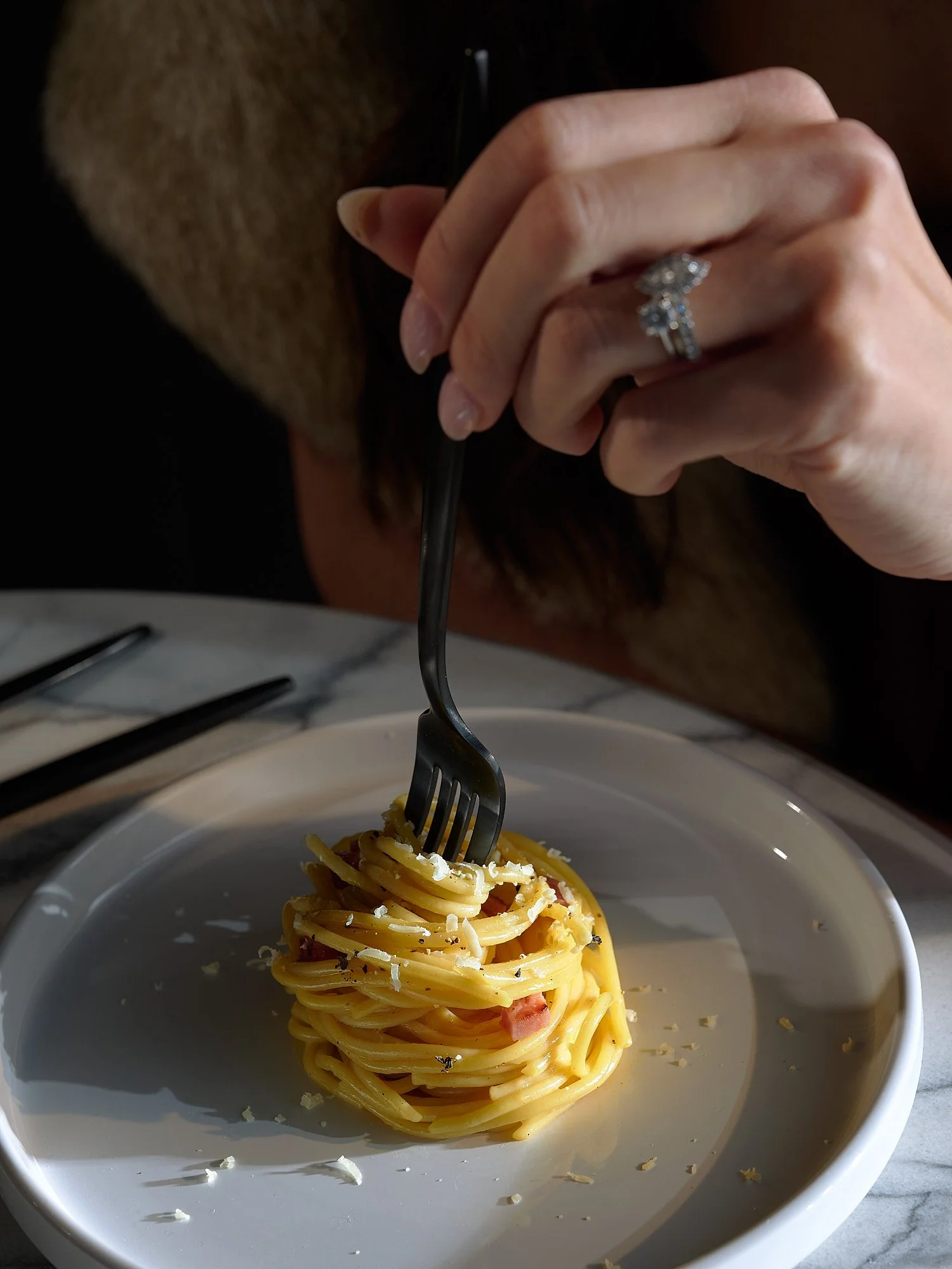 Valentine's Day carbonara hand action food advertising photography by Dhanraj Emanuel, studio food photographer Greensboro NC