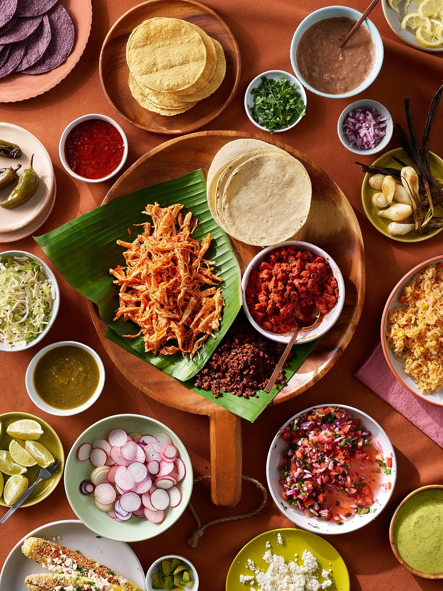 Taco spread terracotta banana leaf food advertising photography by Dhanraj Emanuel, studio food photographer Greensboro NC