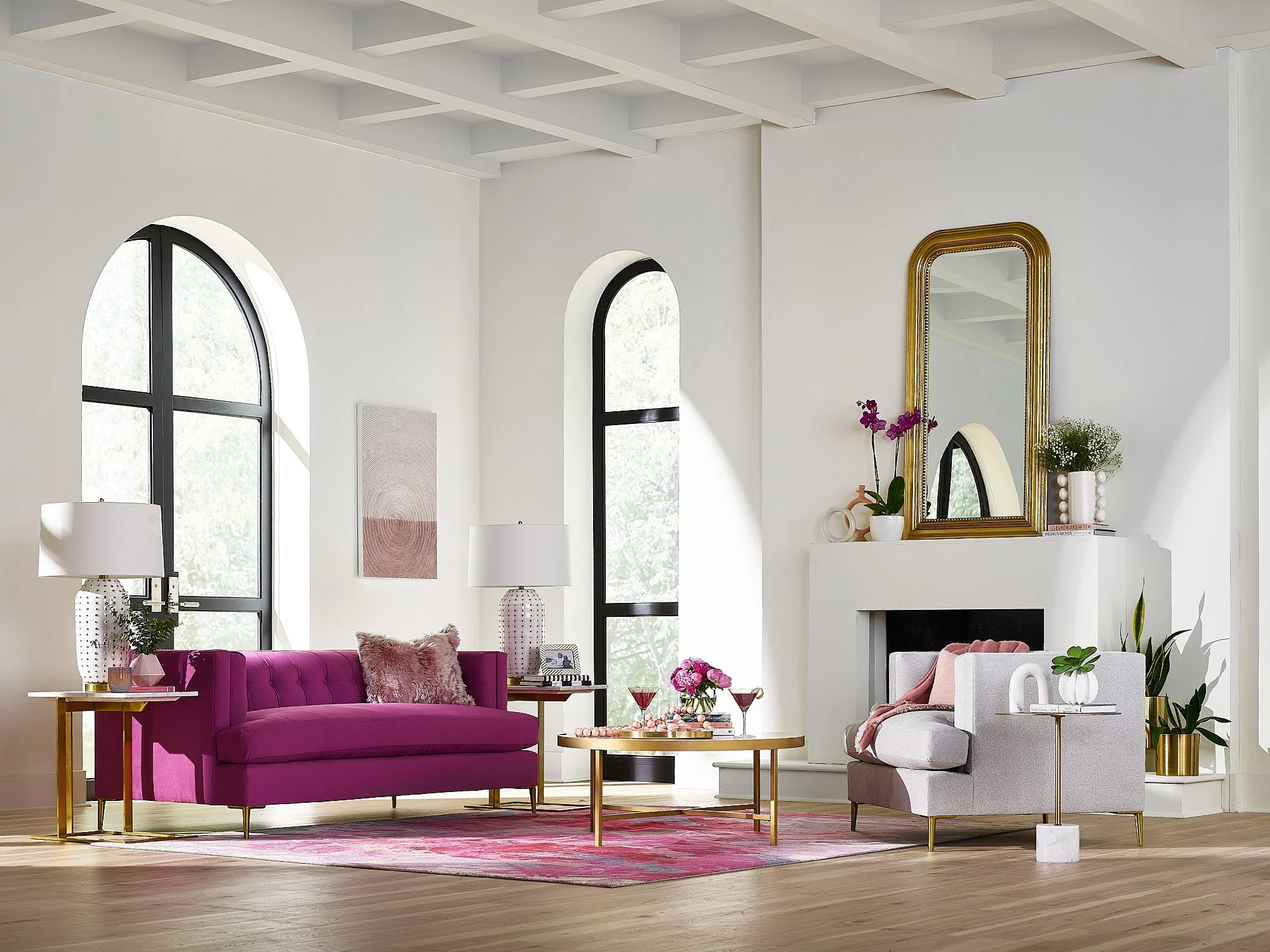 Ultrasuede magenta sofa arched windows shadow geometry interiors photography by Dhanraj Emanuel, interiors photographer High Point North Carolina