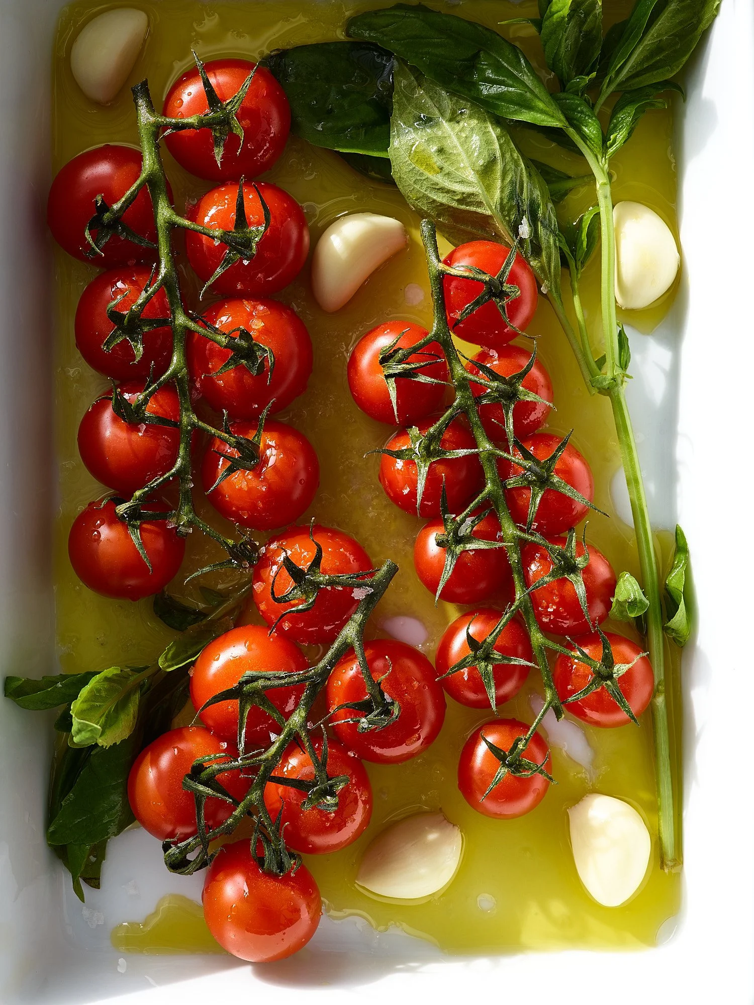 Cherry tomatoes on vine with garlic cloves and basil leaves in olive oil.