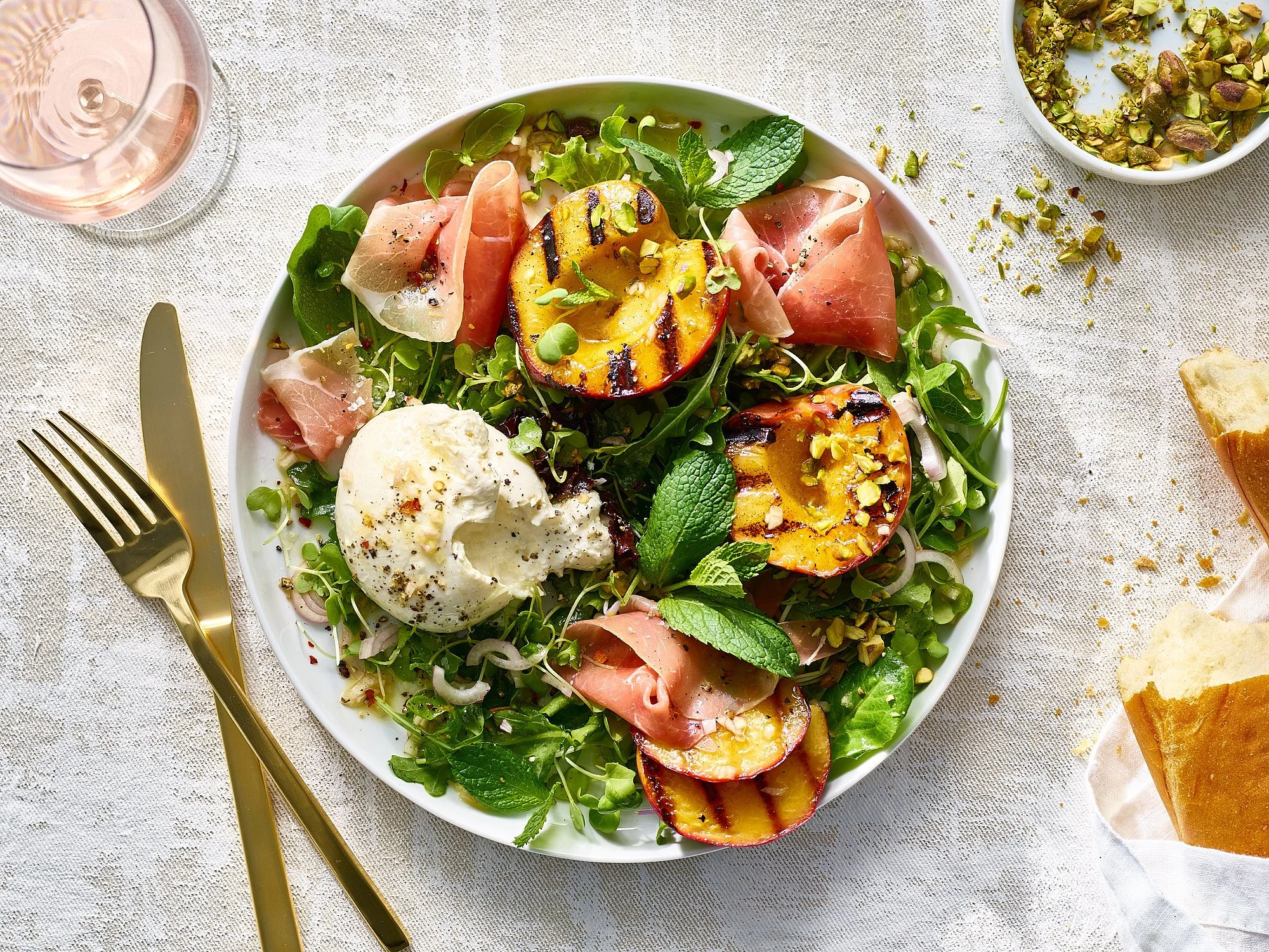 Burrata grilled peach prosciutto salad The Fresh Market food advertising photography by Dhanraj Emanuel, CPG food photographer Greensboro NC