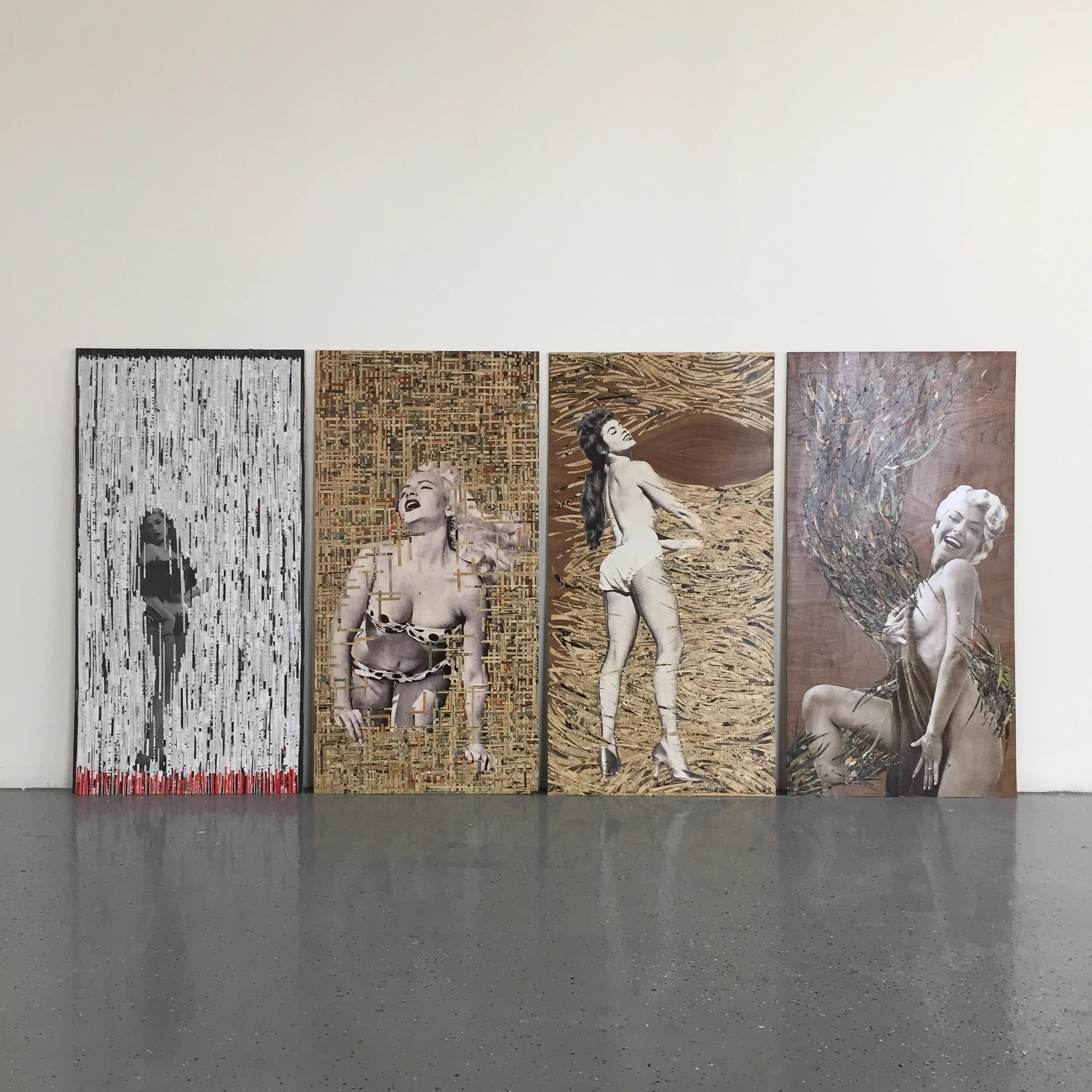 Peek-a-boo: 1959 Frolic + 1959 Philadelphia Enquirer , mixed media on cherrywood panel, each 24" x 48", 2015.