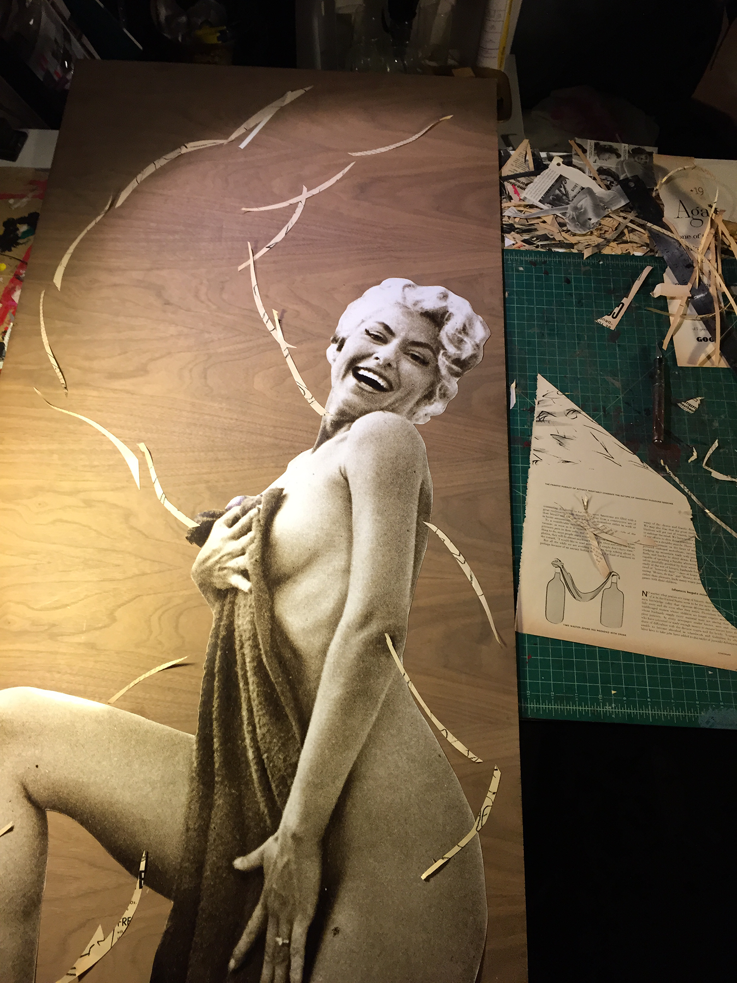 Process image of Peek-a-boo: 1959 Frolic + 1959 Philadelphia Enquirer , mixed media on cherrywood panel, 24" x 48", 2015.