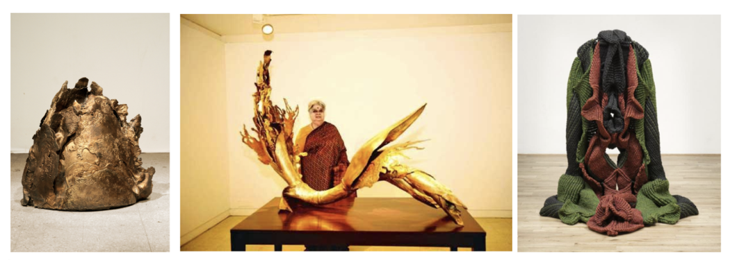 Image credits, left to right: Mrinalini Mukherjee, Mound I, 2013, Bronze, 66 × 64 × 36cm. Mrinalini Mukherjee at Delhi’s Nature Morte gallery, pictured with PalmScape V, 2013. Bronze, 175 x 124 x 76 cm, image by Pradeep Gaur/Mint. Mrinalini Mukherjee, Jauba 2000. Hemp fiber and steel, 143 x 133 x 110 cm, collection of Tate. © Mrinalini Mukherjee.