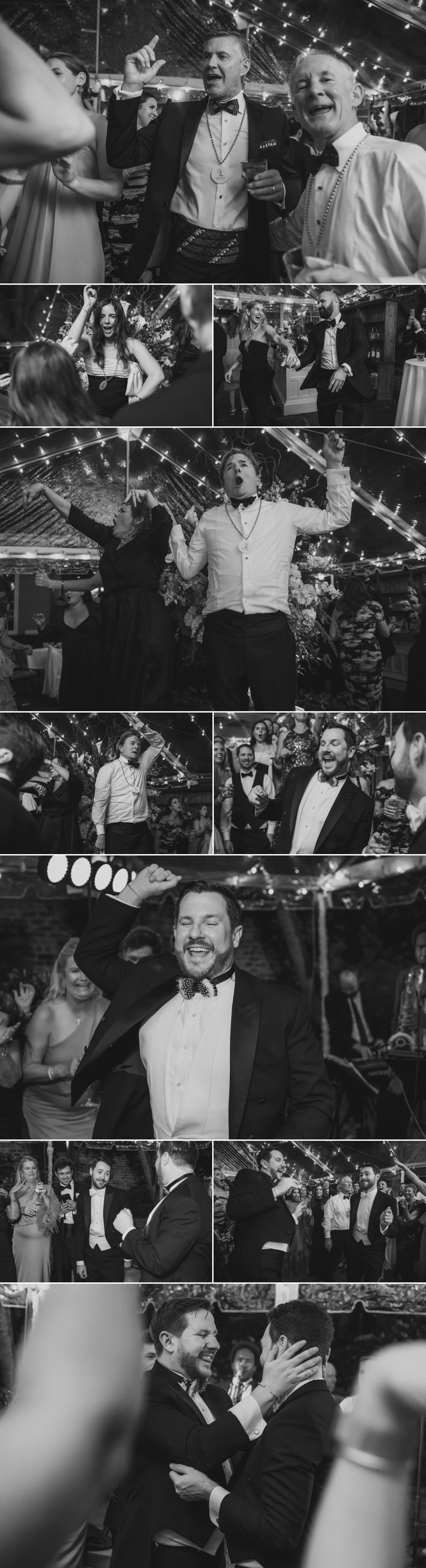 Wedding guests dancing and celebrating during reception at Broussard’s courtyard