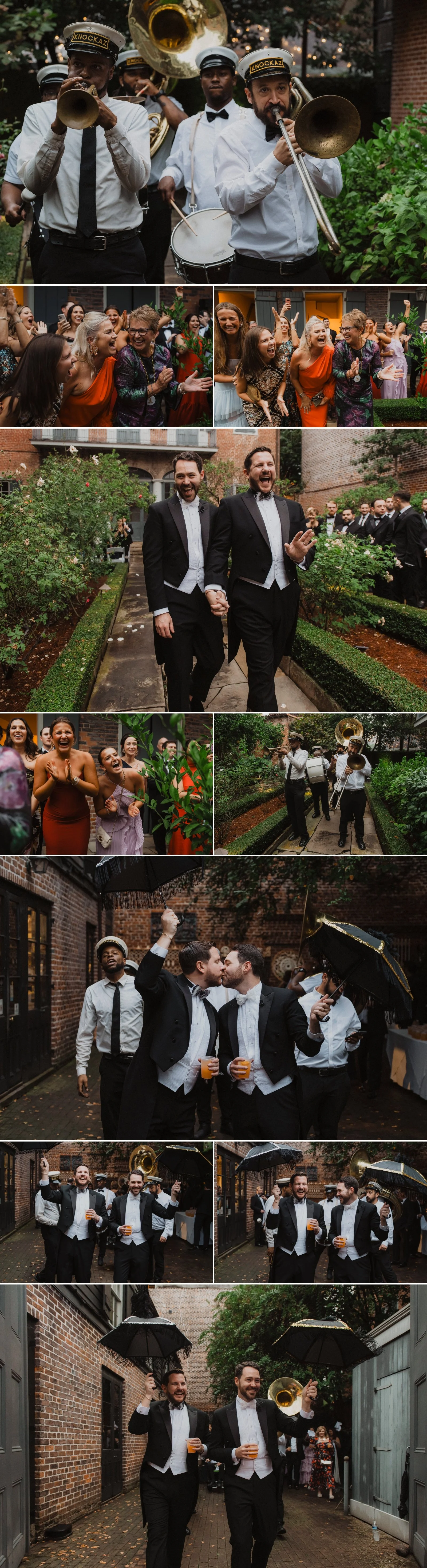 Wedding ceremony exit between two grooms in historic French Quarter courtyard