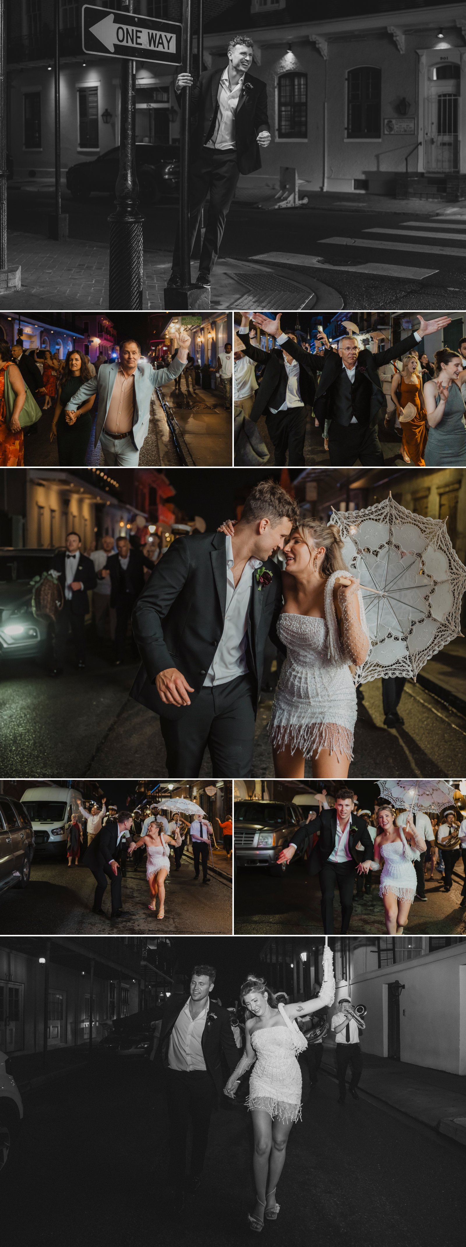 Bride and groom walking with an umbrella during a nighttime New Orleans second line parade