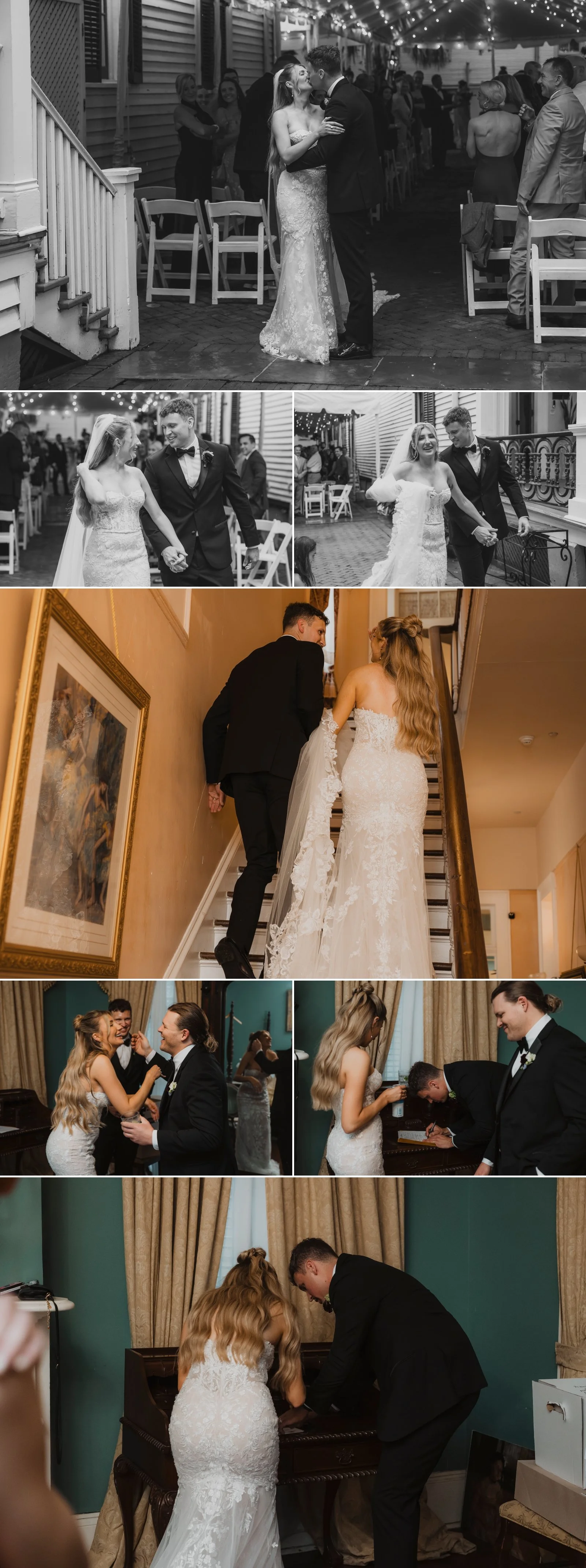 Bride and groom exiting their Degas House ceremony and taking candid portraits inside the venue