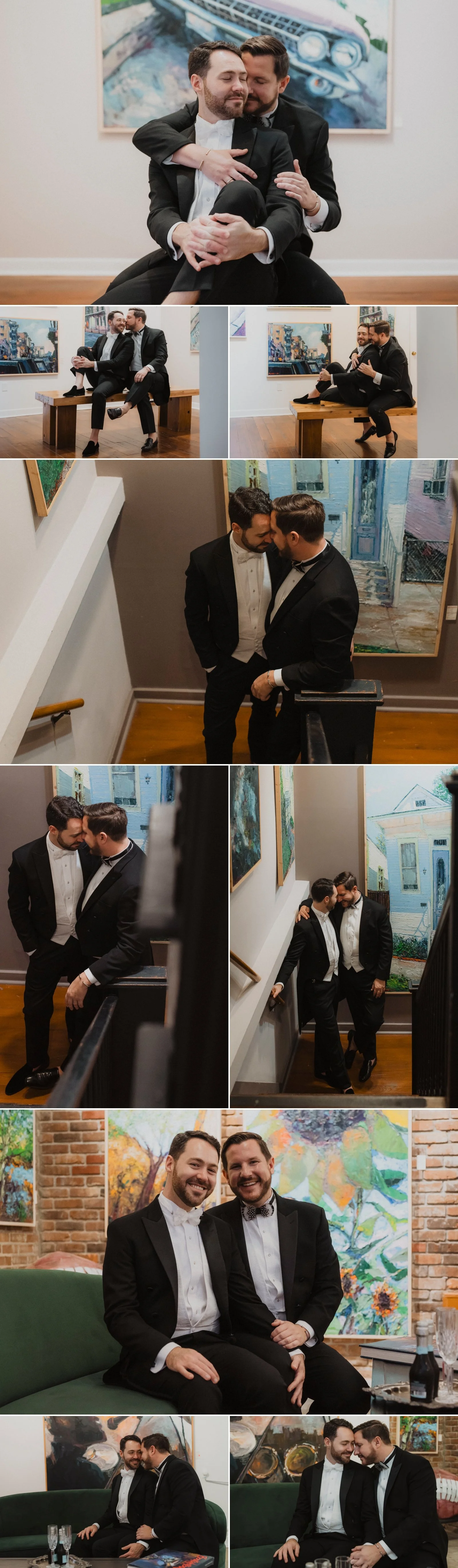 Couple portrait of two grooms inside New Orleans art gallery before wedding ceremony