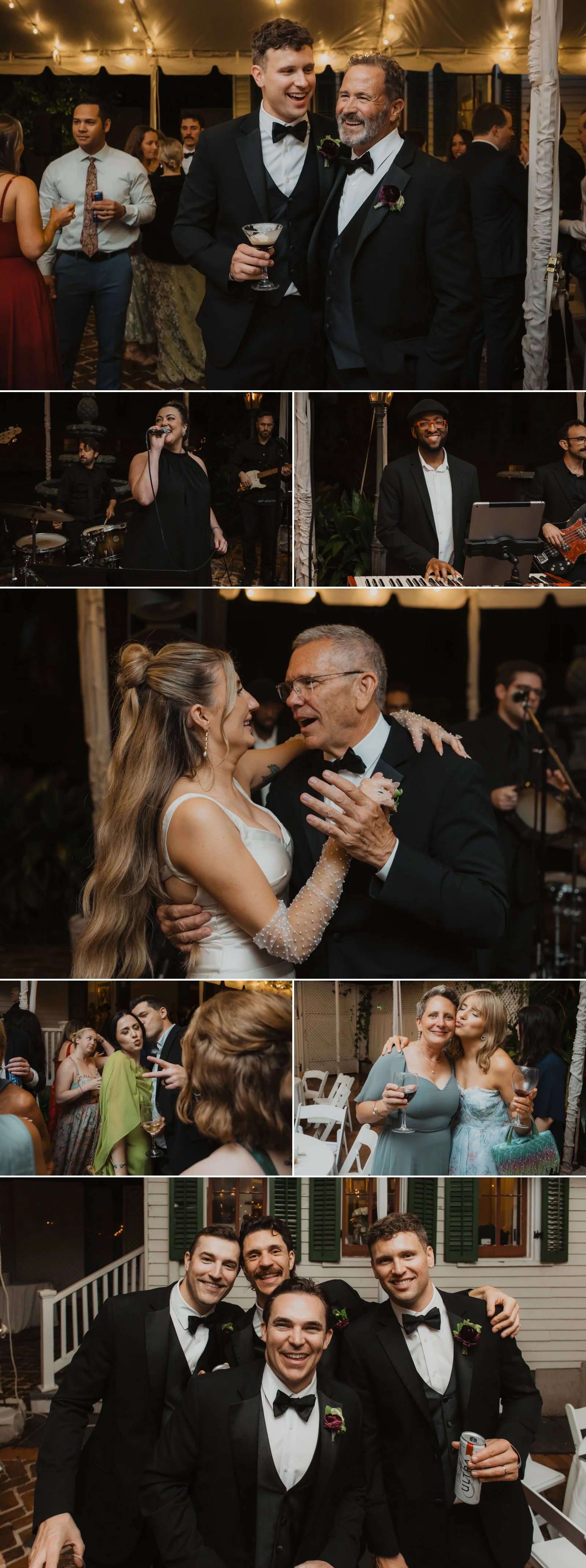 Bride and groom dancing with family during a lively Degas House wedding reception
