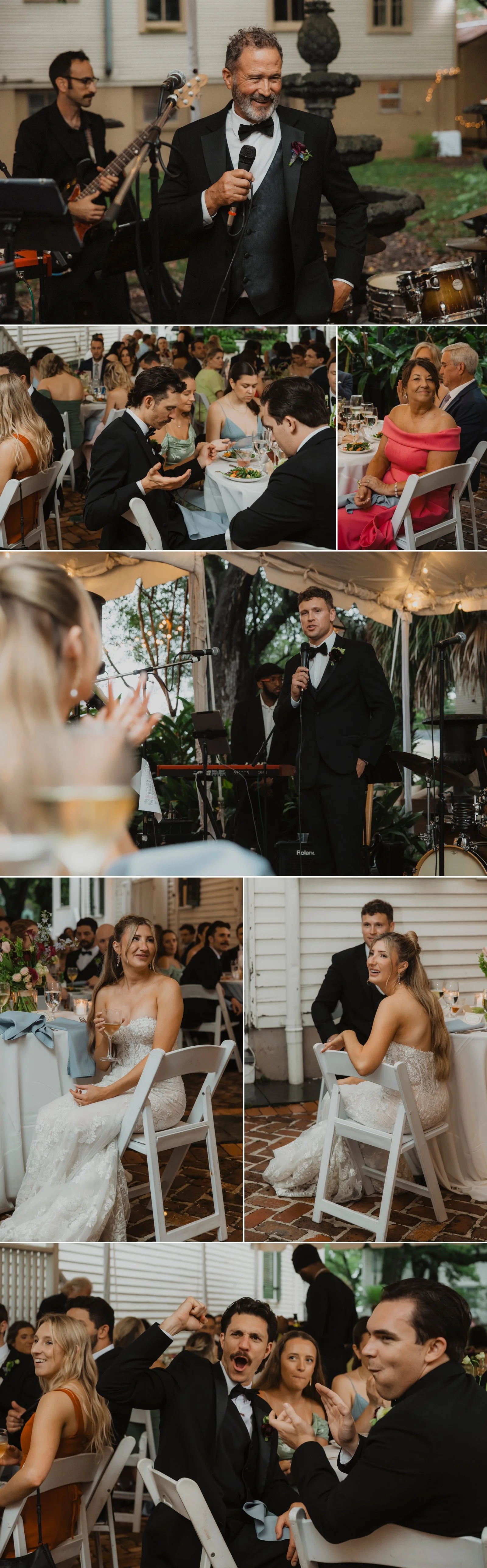 Wedding guests laughing, talking, and celebrating during dinner at Degas House in New Orleans