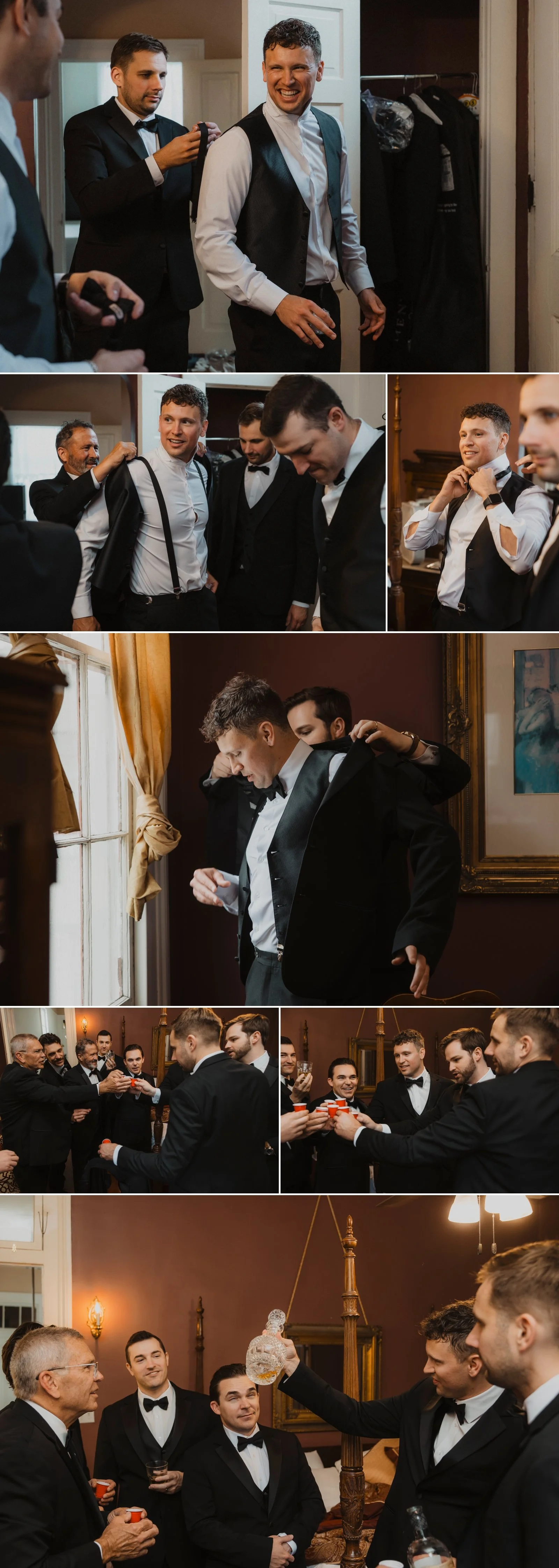 Groom and groomsmen getting ready in tuxedos before a Degas House wedding in New Orleans