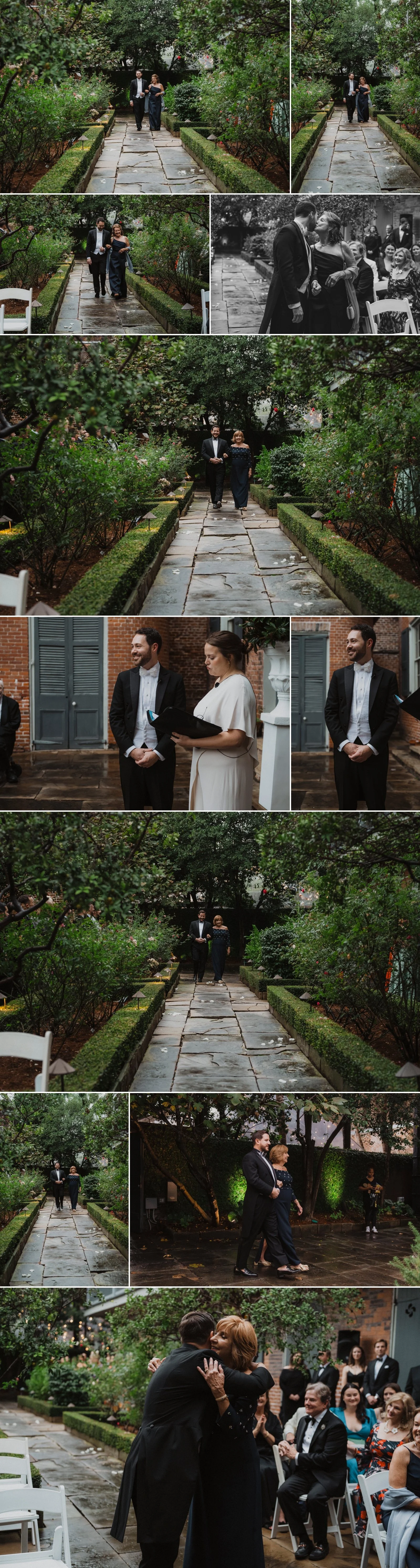 Wedding ceremony kiss between two grooms in historic French Quarter courtyard