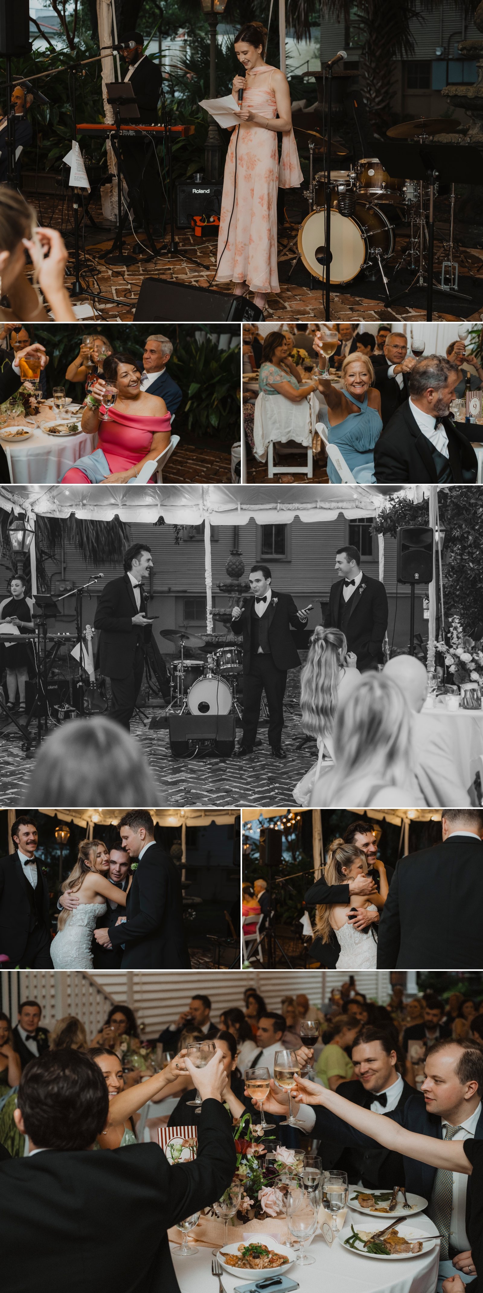 Bride, groom, family, and guests reacting to reception speeches at a Degas House wedding