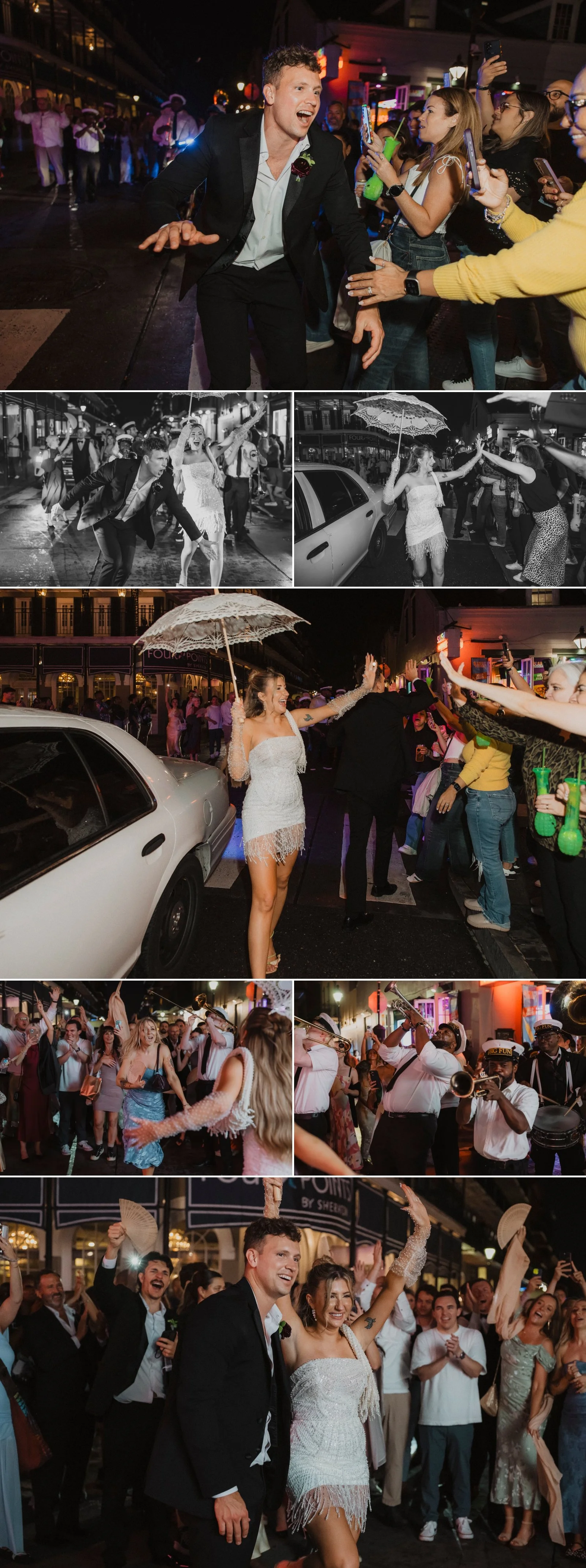 Bride and groom celebrating with a brass band and guests during their French Quarter second line