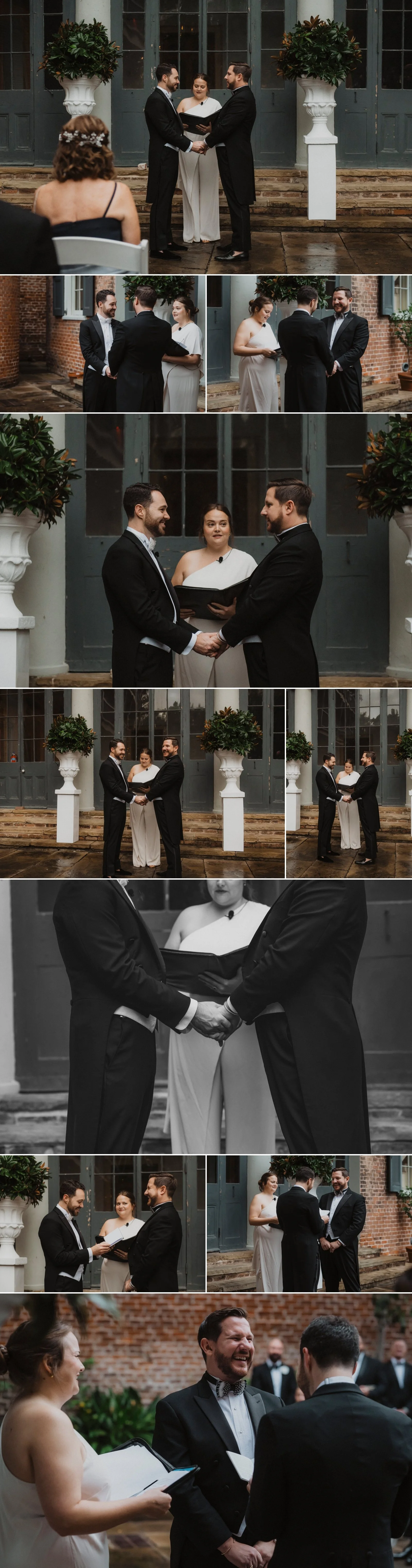 Wedding ceremony ring exchange between two grooms in historic French Quarter courtyard
