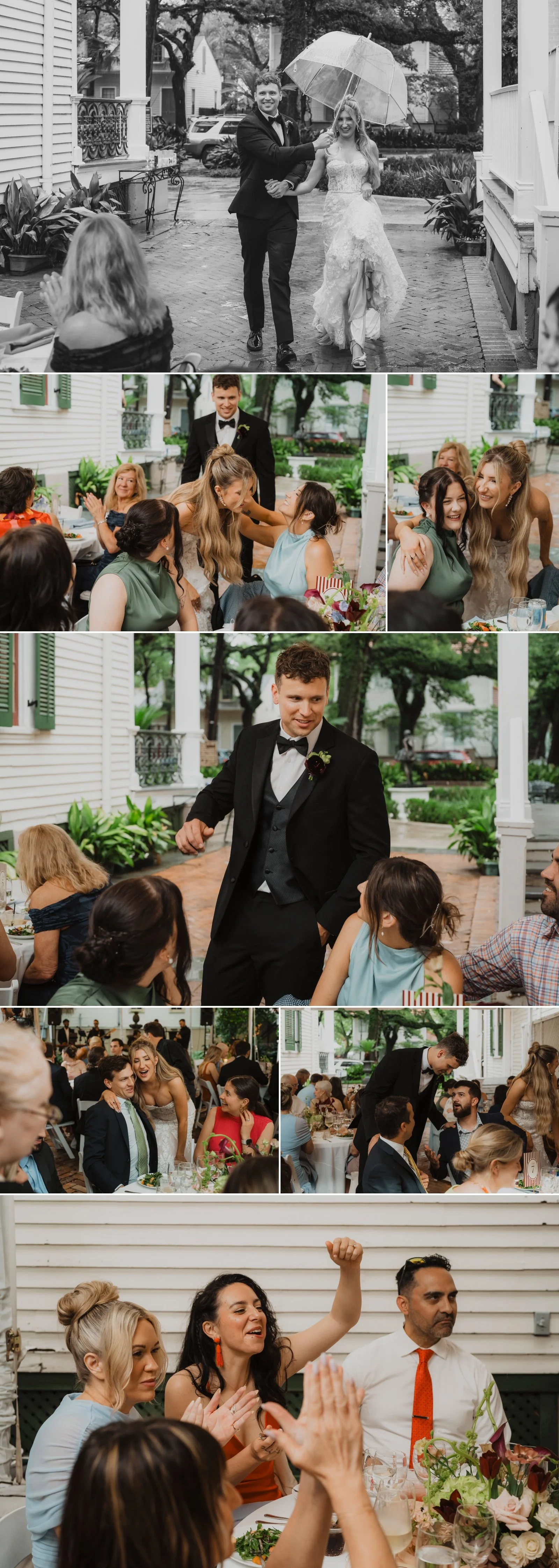 Bride and groom walking in the rain before joining guests at their Degas House wedding reception
