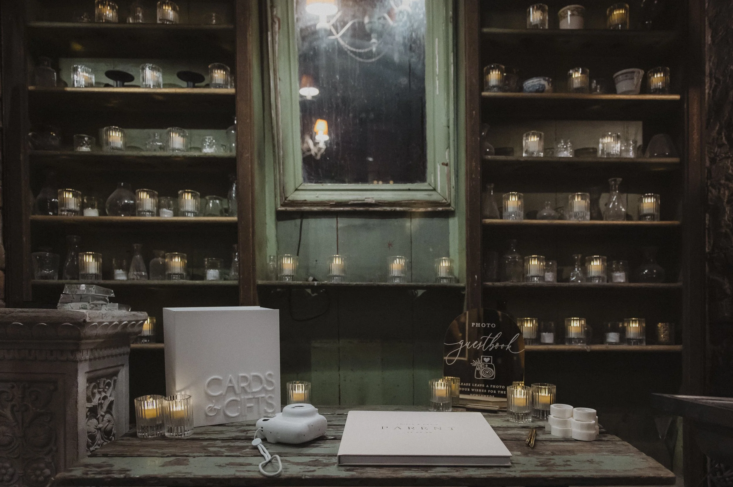 Antique bar and shelves inside Race + Religious