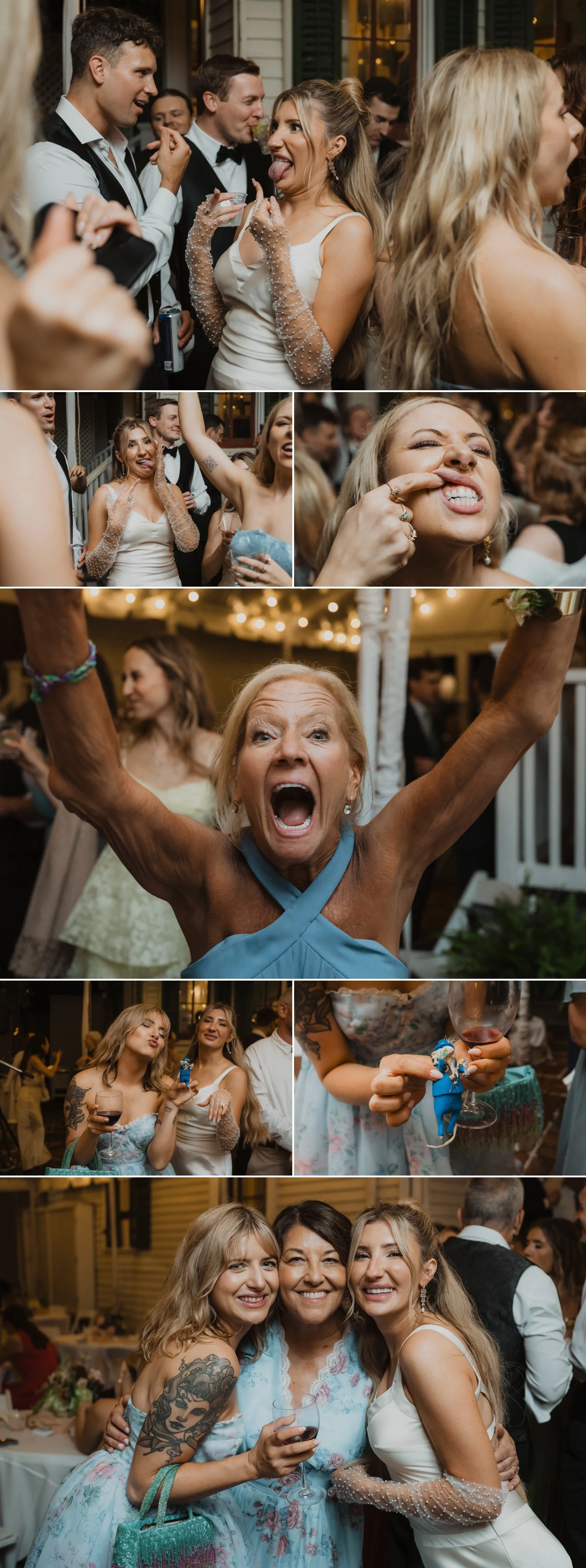 Candid dance floor moments with wedding guests making faces, cheering, and celebrating at Degas House