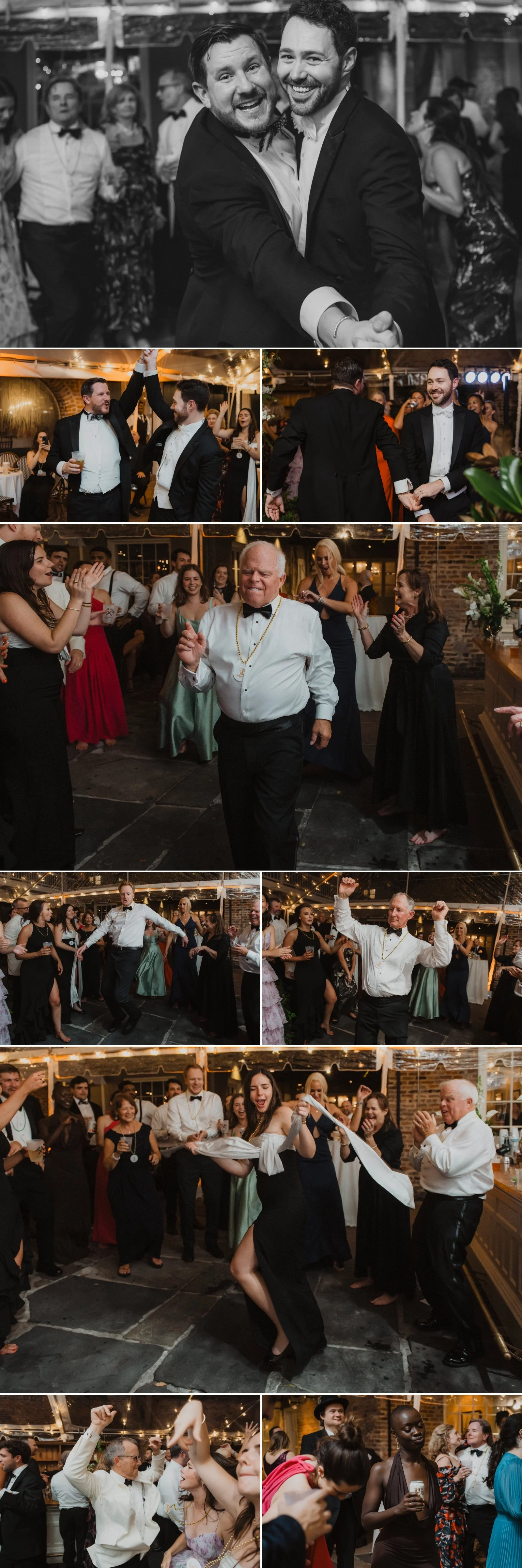Wedding guests dancing and celebrating during reception at Broussard’s courtyard