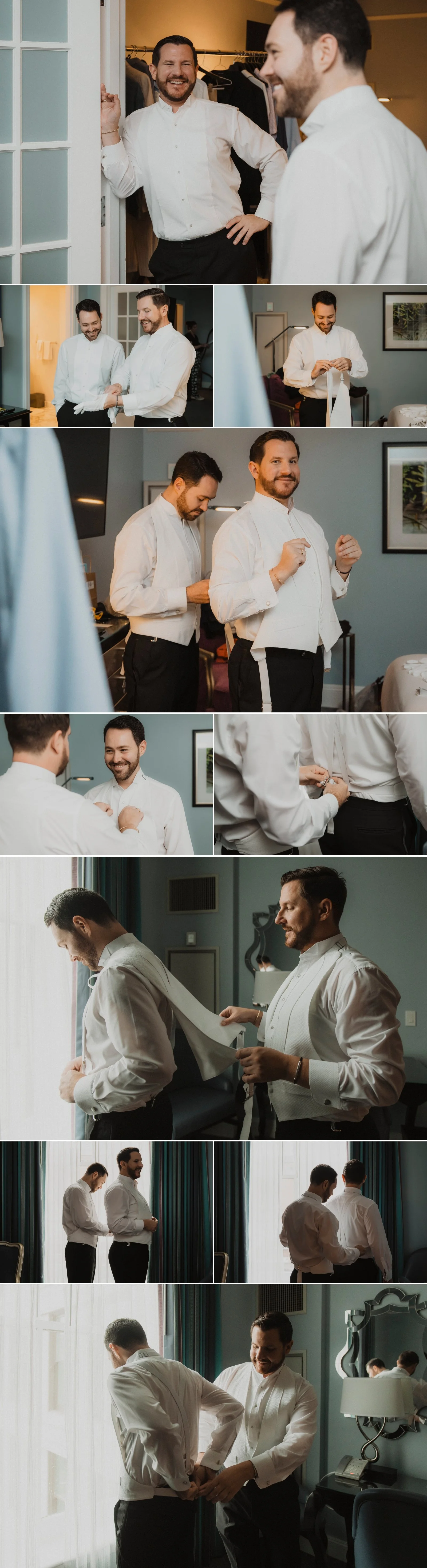 Groom getting ready at the Ritz-Carlton New Orleans adjusting bowtie before wedding
