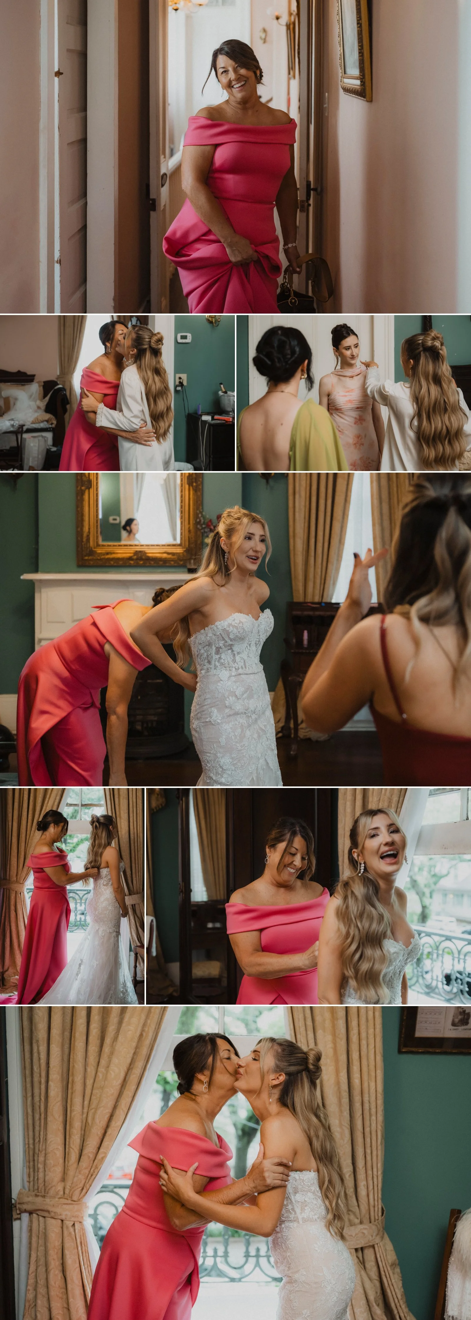 Bride getting into her wedding dress with her mom and bridesmaids inside Degas House in New Orleans