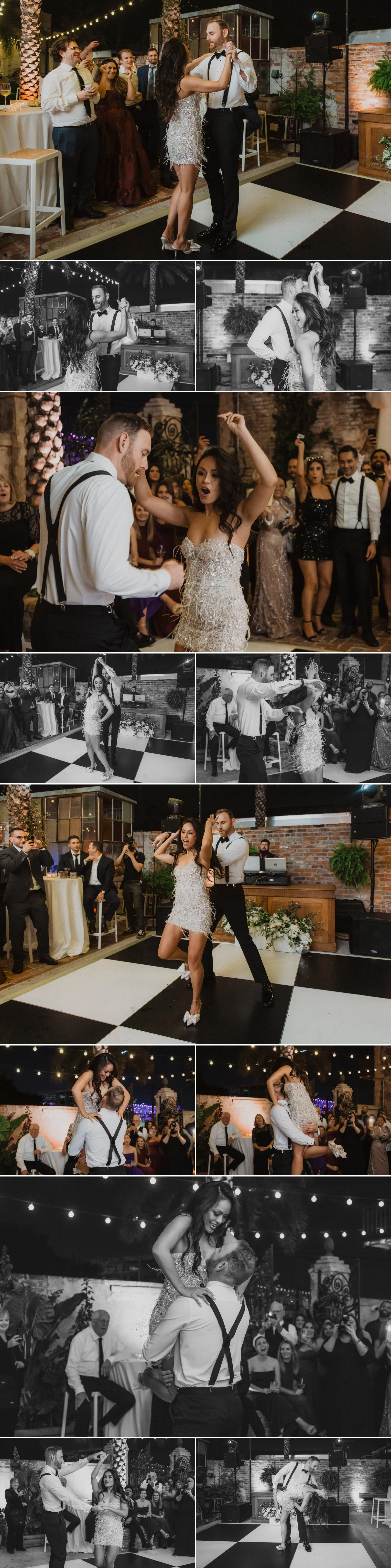 Bride and groom dancing together surrounded by guests