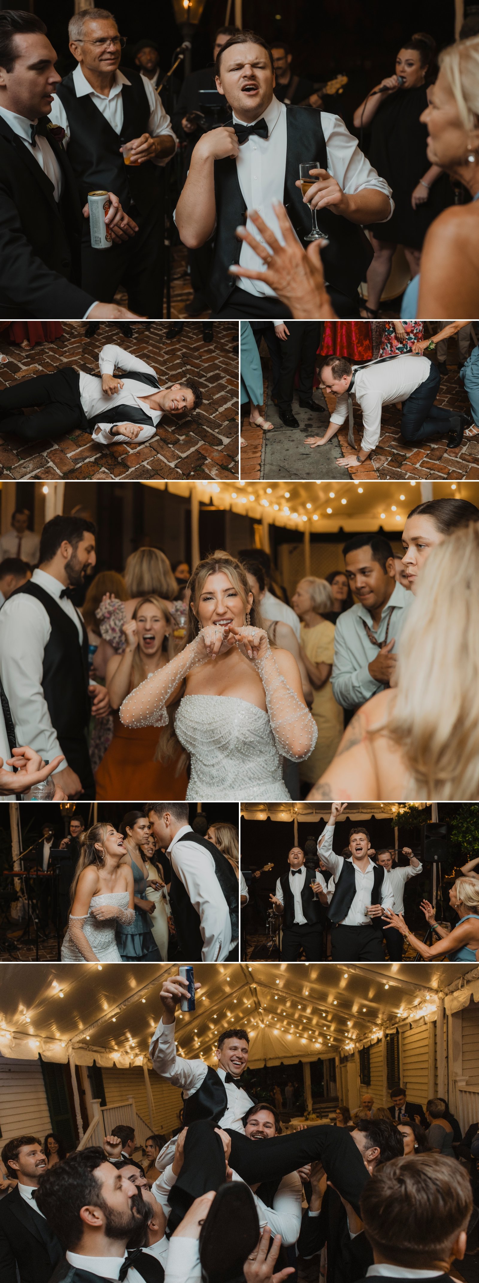 Groom and guests dancing, laughing, and celebrating on the dance floor at a New Orleans wedding reception