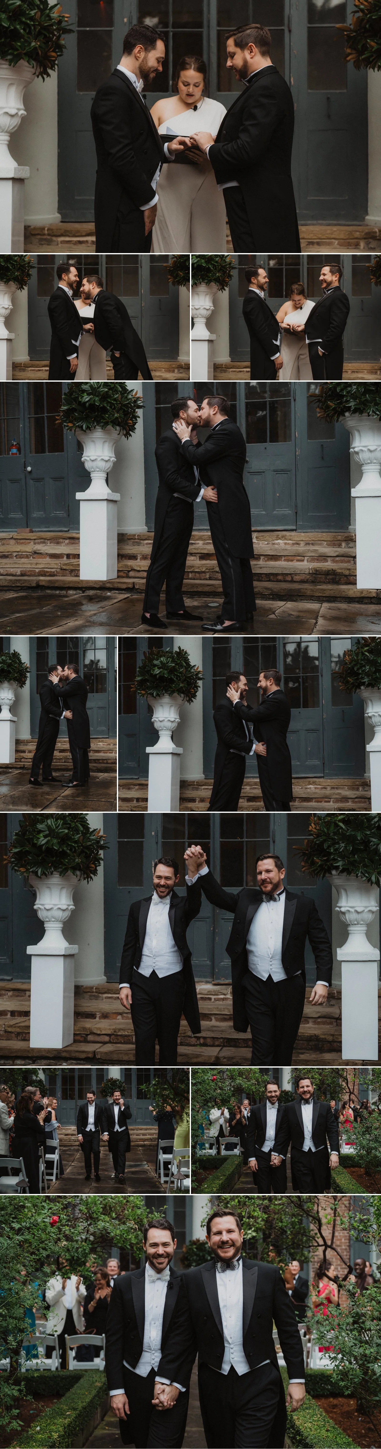 Wedding ceremony kiss between two grooms in historic French Quarter courtyard