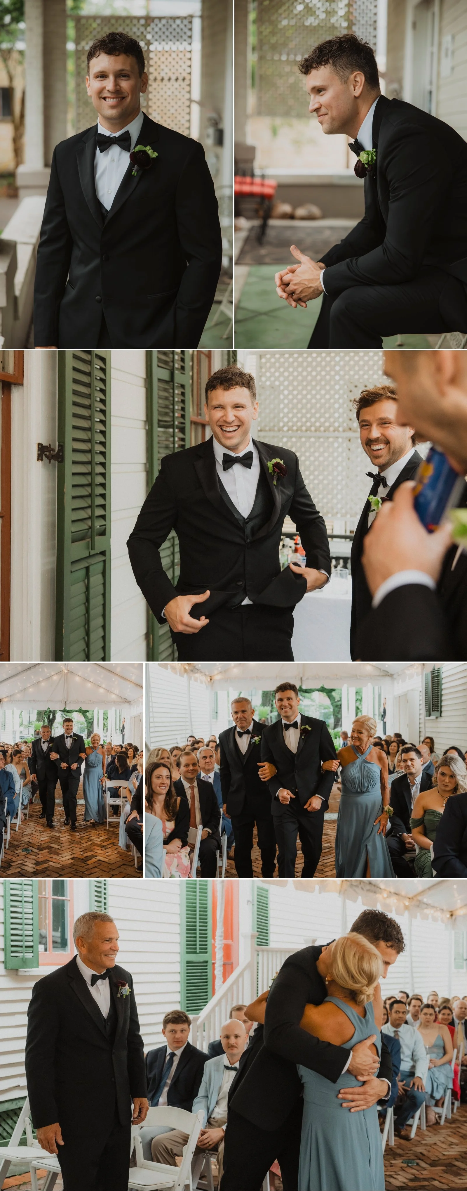 Groom portraits and family walking into the courtyard ceremony at Degas House in New Orleans