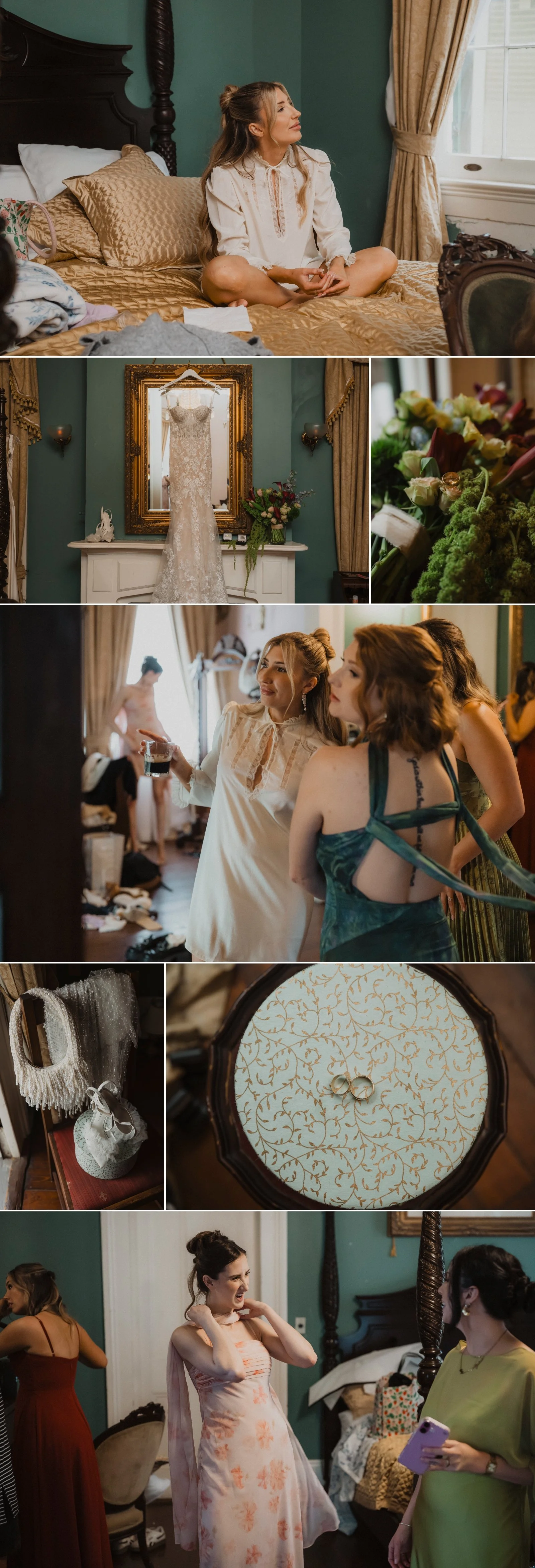 Bride getting ready inside Degas House with wedding dress, flowers, rings, and candid bridesmaid moments
