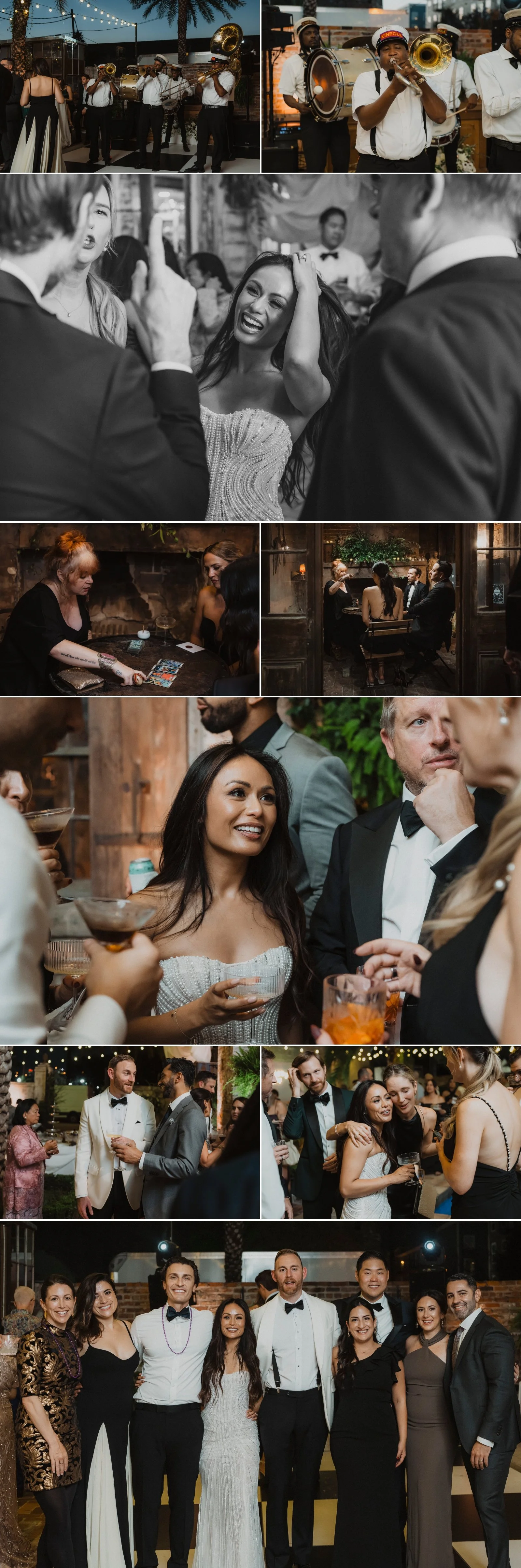 Wedding guests mingling with cocktails in candlelit courtyard