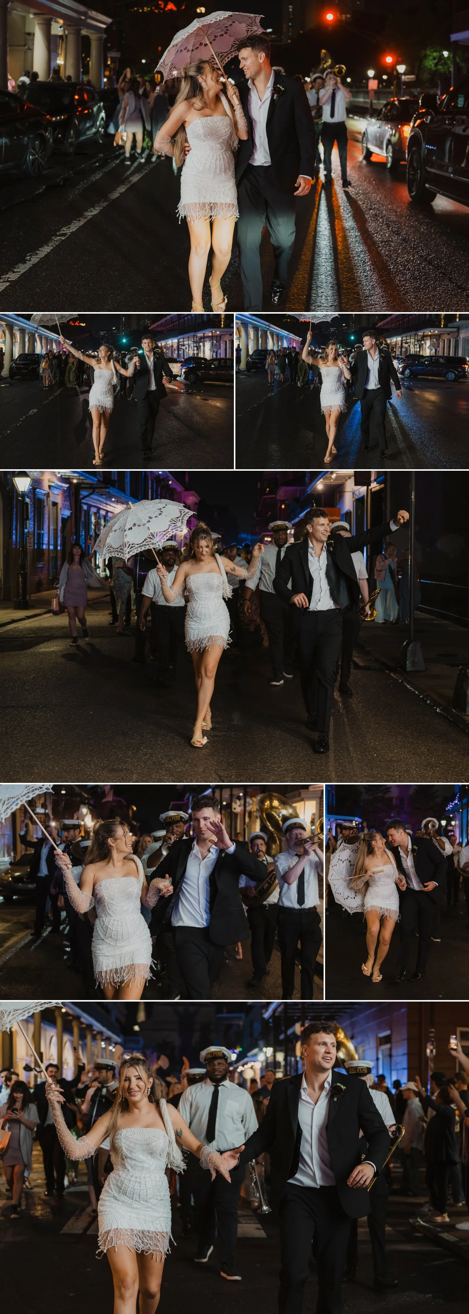 Lily and Ryan leading a rainy French Quarter second line after their Degas House wedding