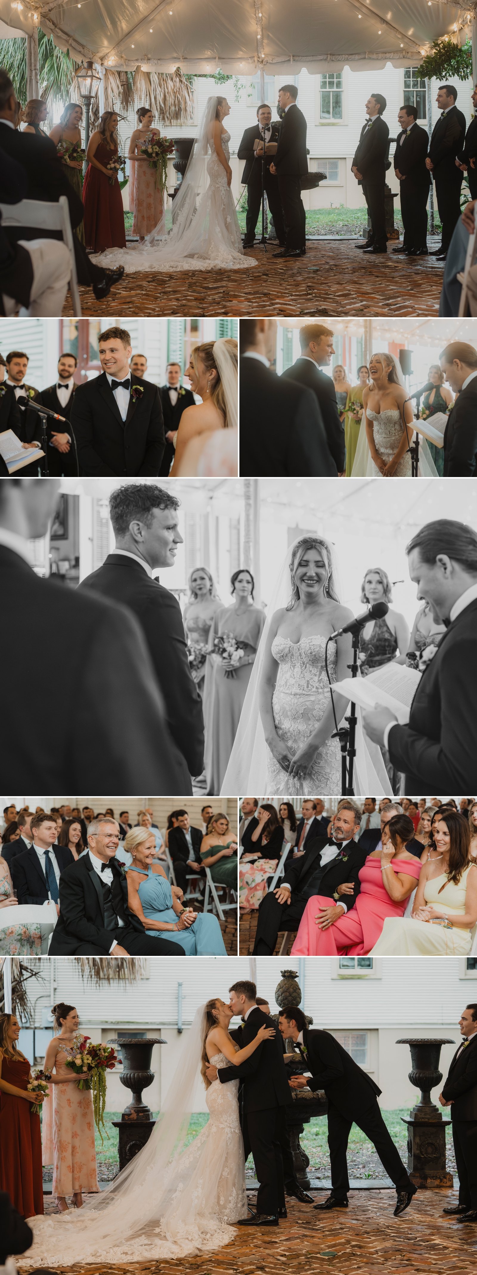 Bride and groom exchanging vows during their courtyard wedding ceremony at Degas House