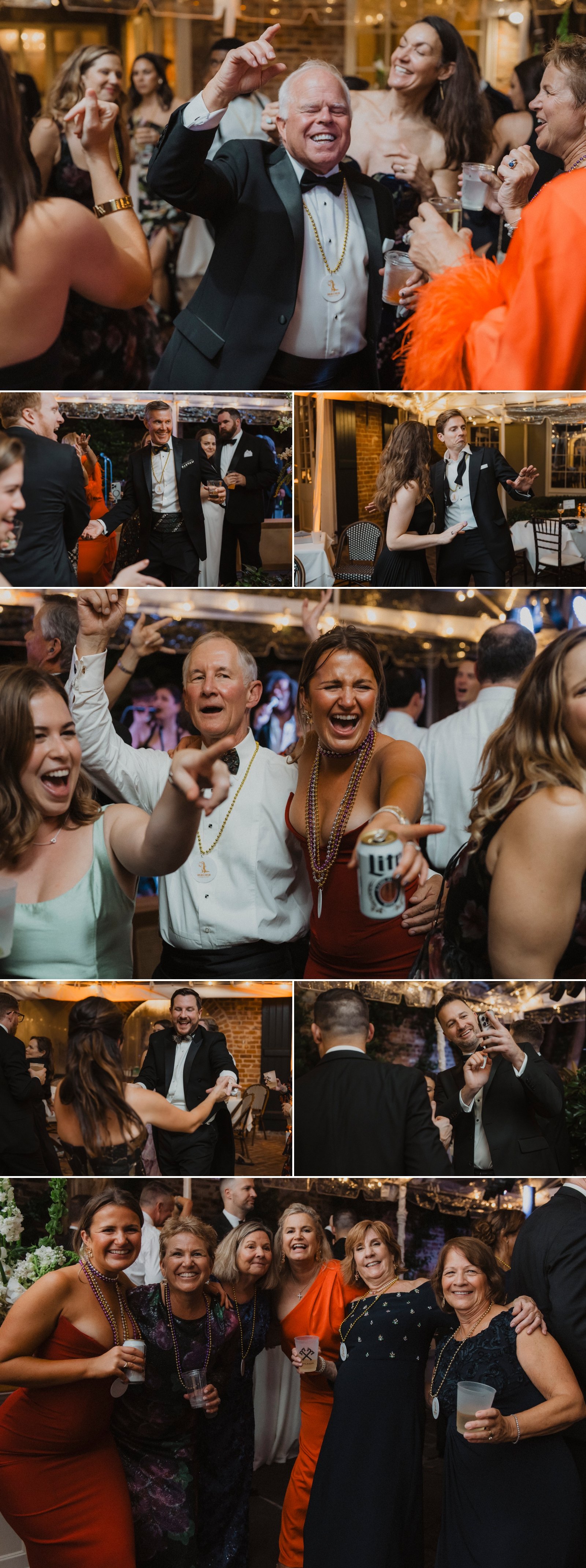 Wedding guests dancing and celebrating during reception at Broussard’s courtyard