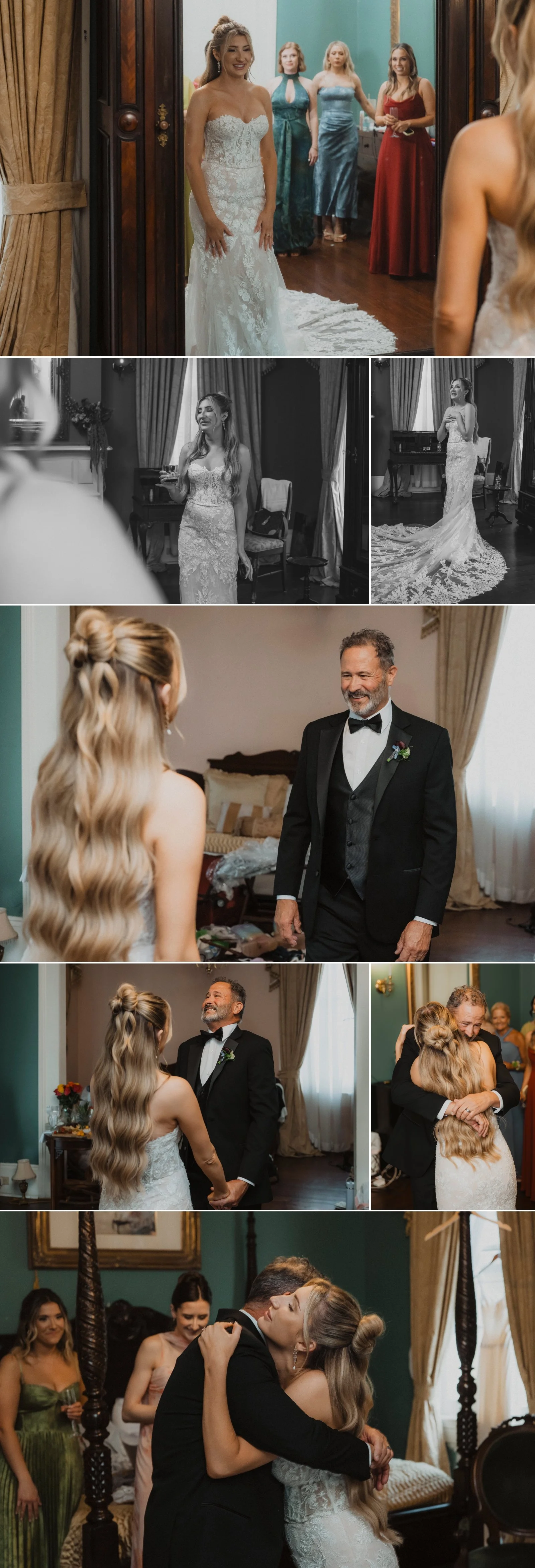 Bride sharing an emotional first look with her dad before her Degas House wedding ceremony