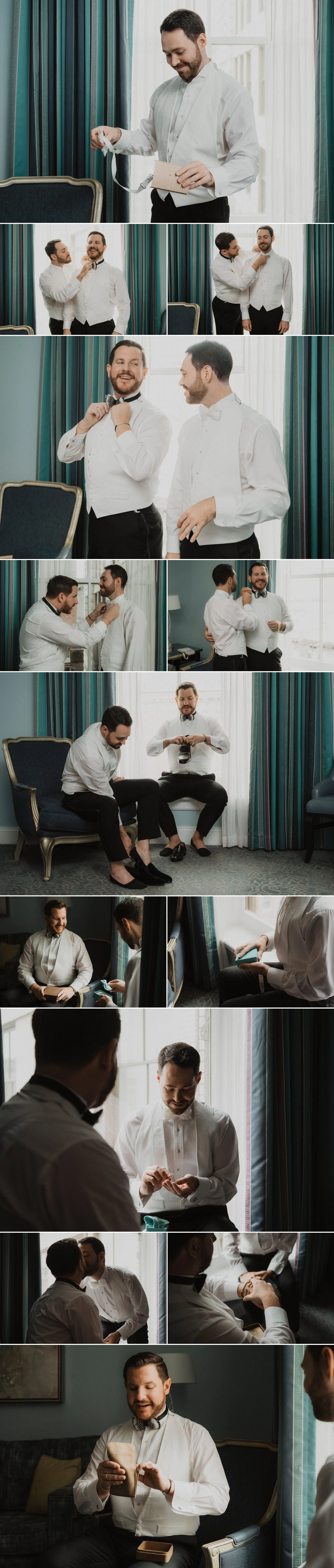 Grooms helping each other with cufflinks in Ritz-Carlton hotel room before wedding