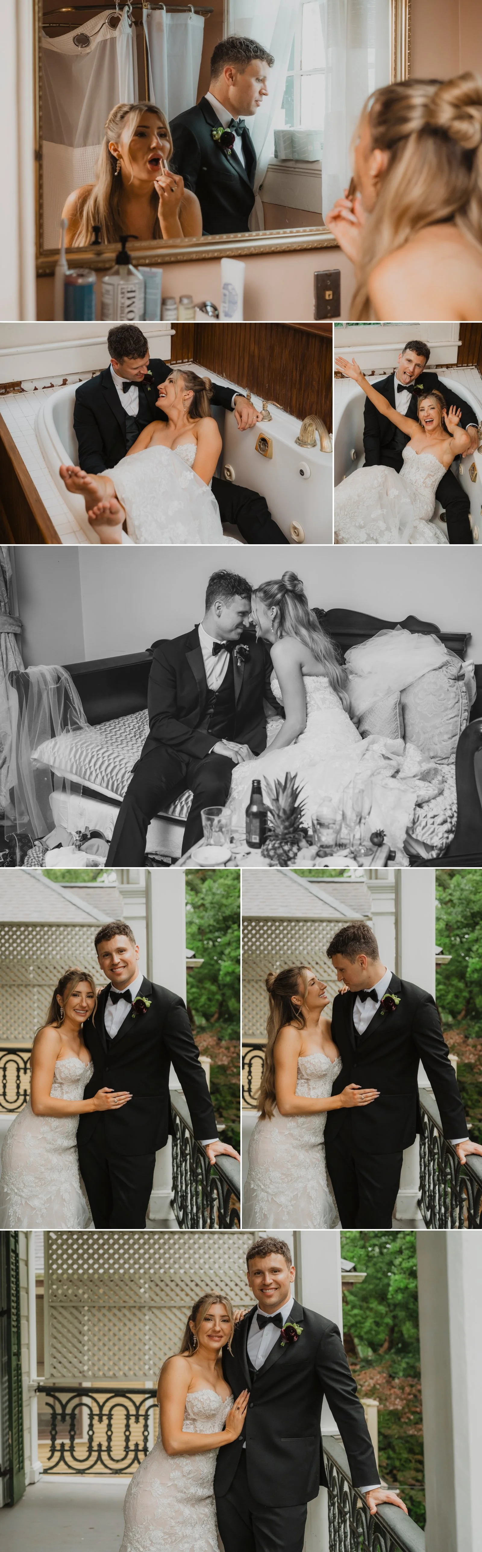 Lily and Ryan taking relaxed couple portraits on the porch at Degas House in New Orleans