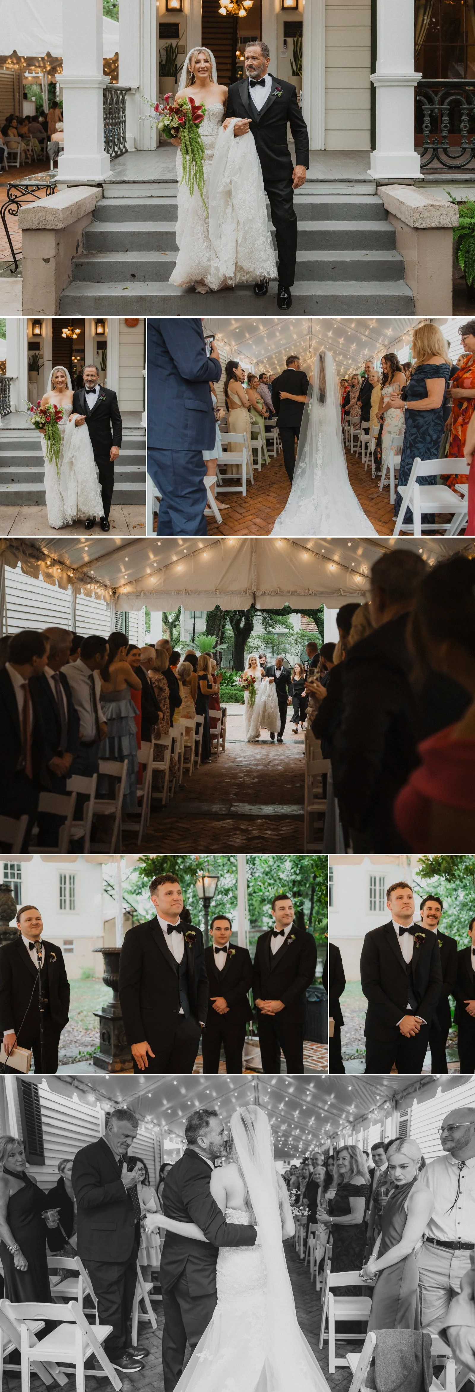 Bride walking with her father into the courtyard ceremony at Degas House in New Orleans