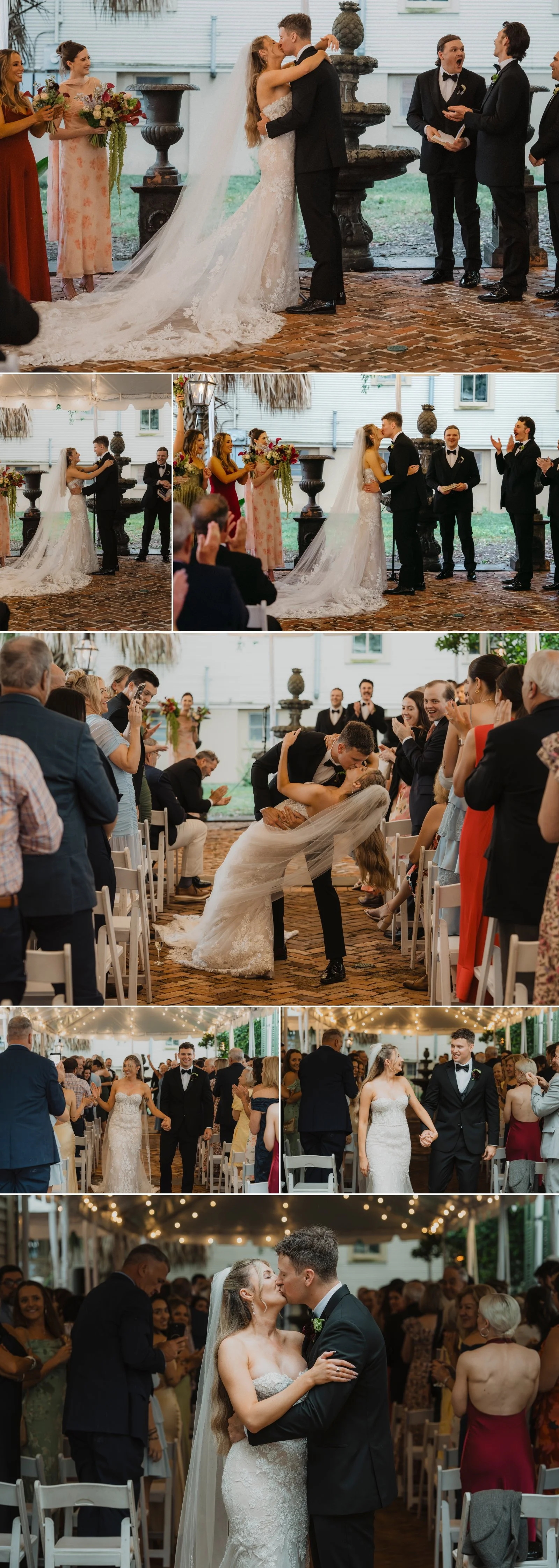 Bride and groom sharing their first kiss during a Degas House wedding ceremony in New Orleans