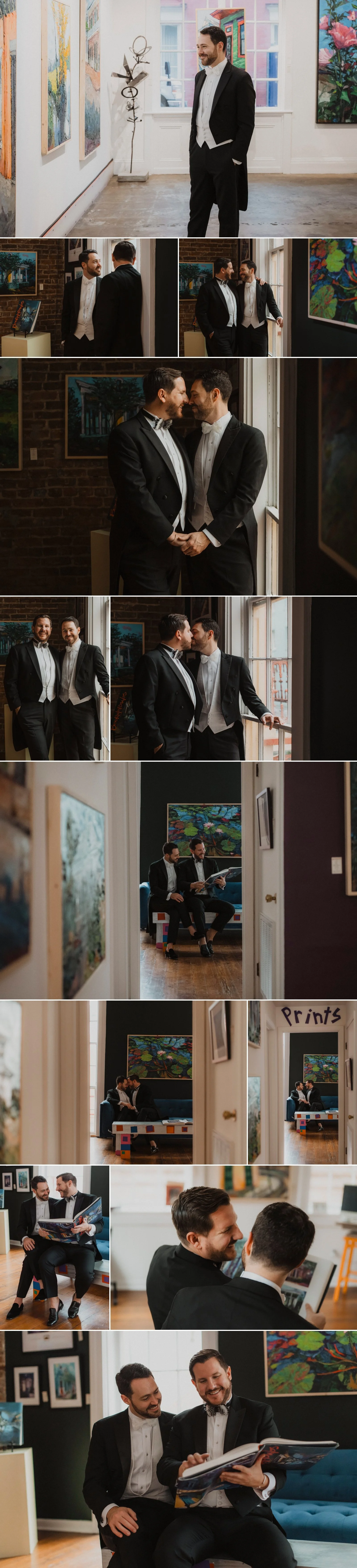 Two grooms sharing a quiet moment inside the Michaelopoulos Gallery in New Orleans
