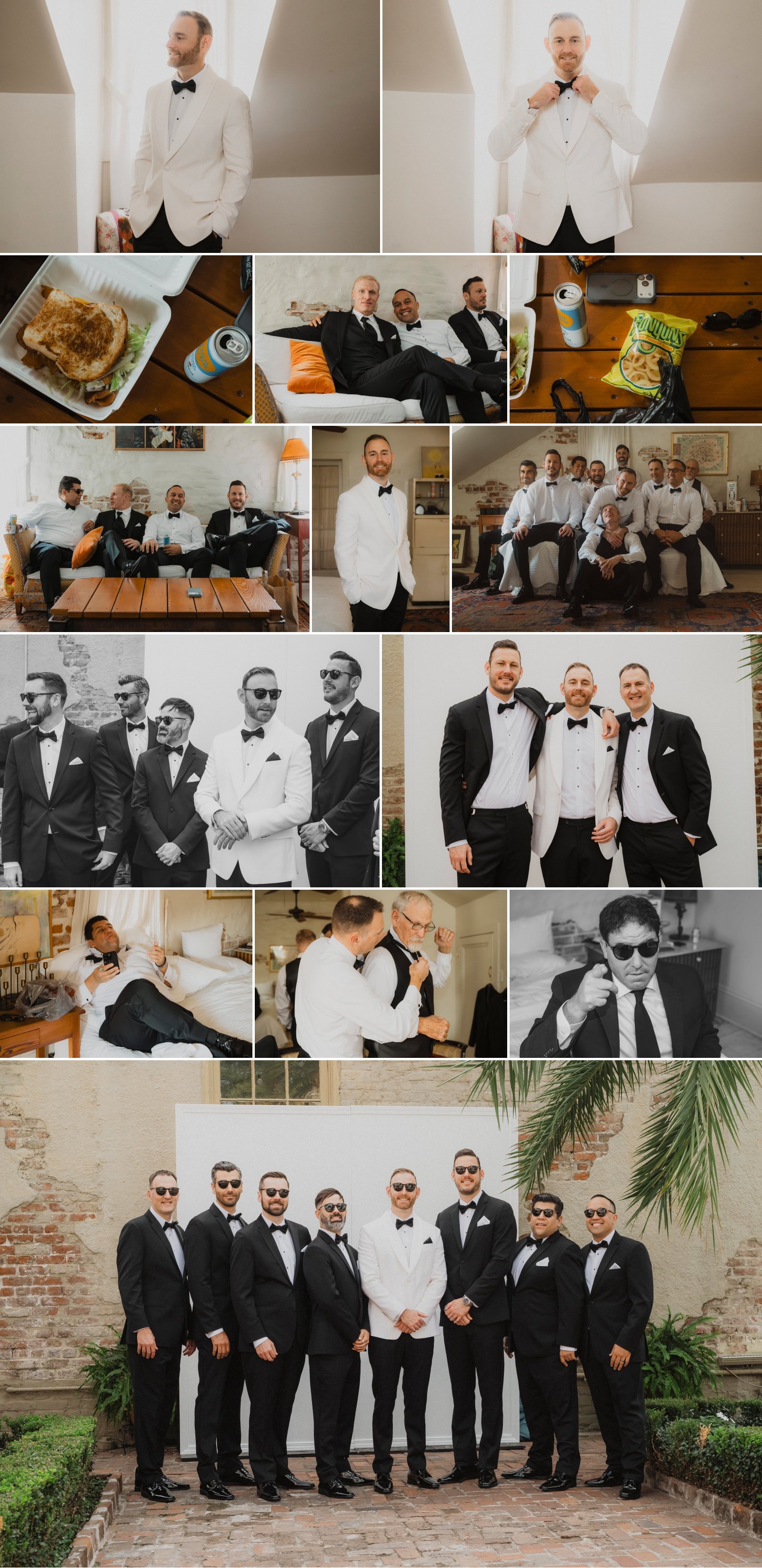 Groom getting ready in a white tuxedo jacket at Race & Religious in New Orleans