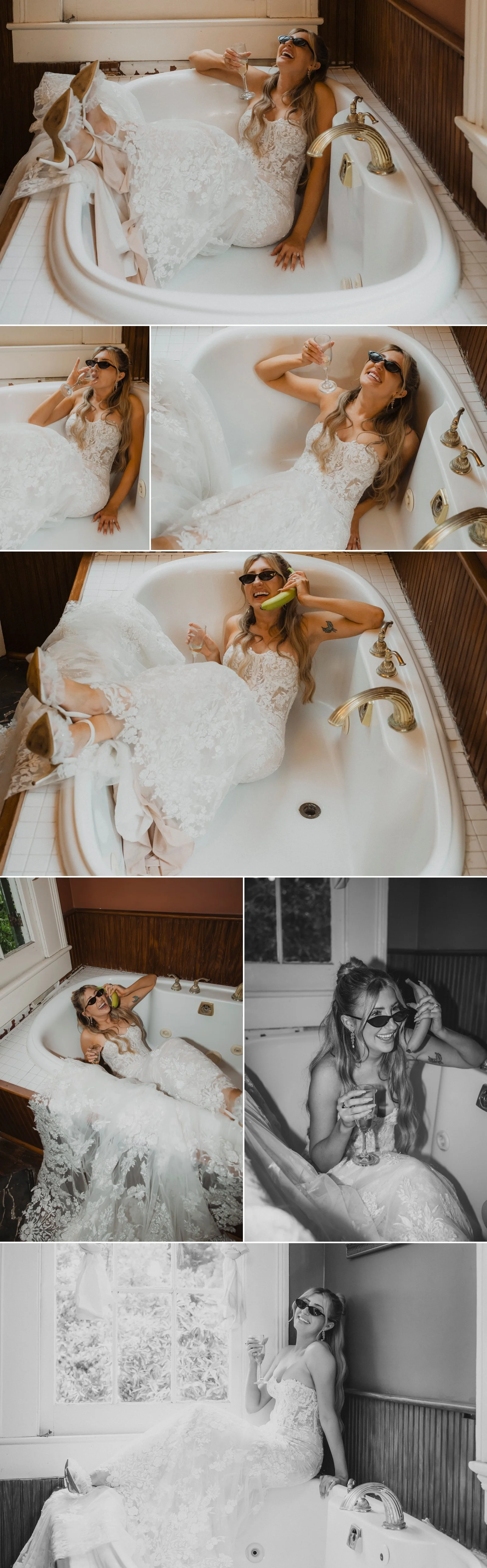 Bride laughing with champagne in a bathtub during getting ready portraits at Degas House