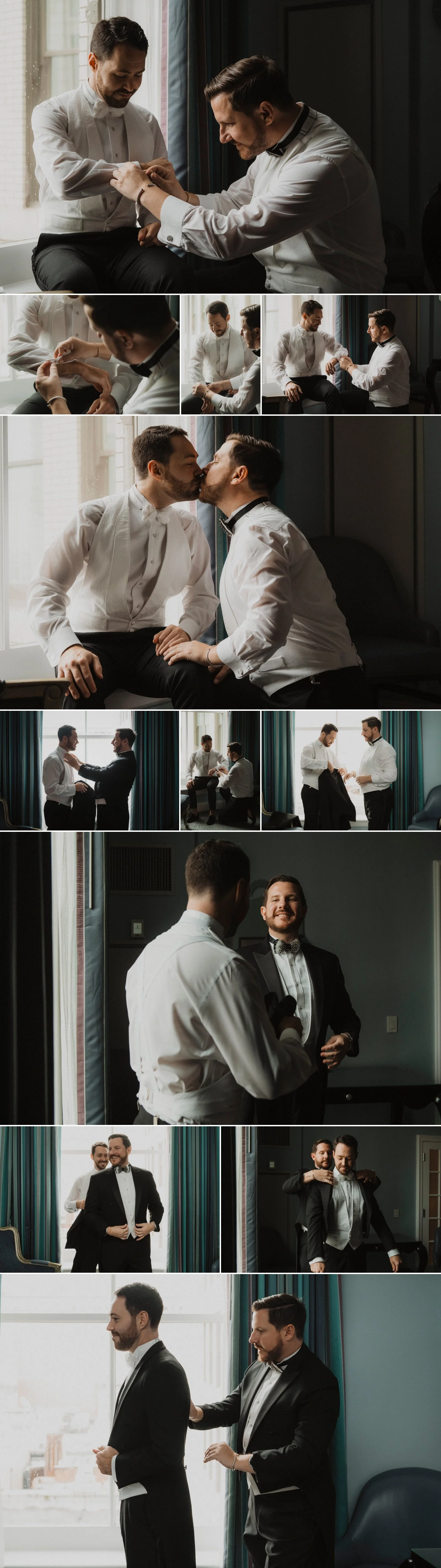 rooms helping each other with cufflinks in Ritz-Carlton hotel room before wedding