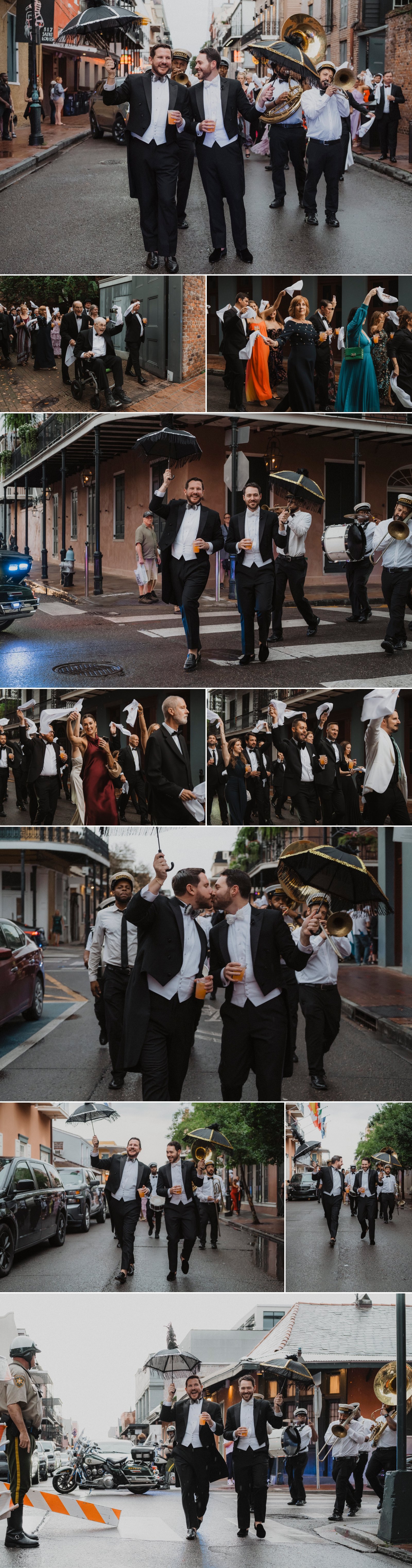 Second line parade through the French Quarter with brass band after wedding ceremony