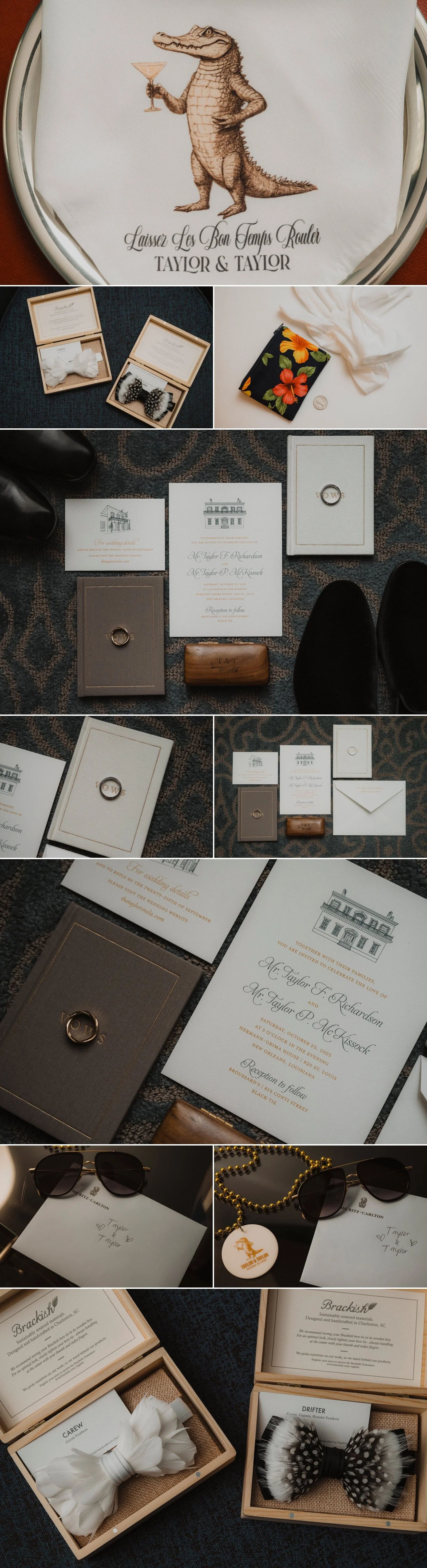 Wedding invitation suite and rings photographed during getting ready at the Ritz-Carlton New Orleans